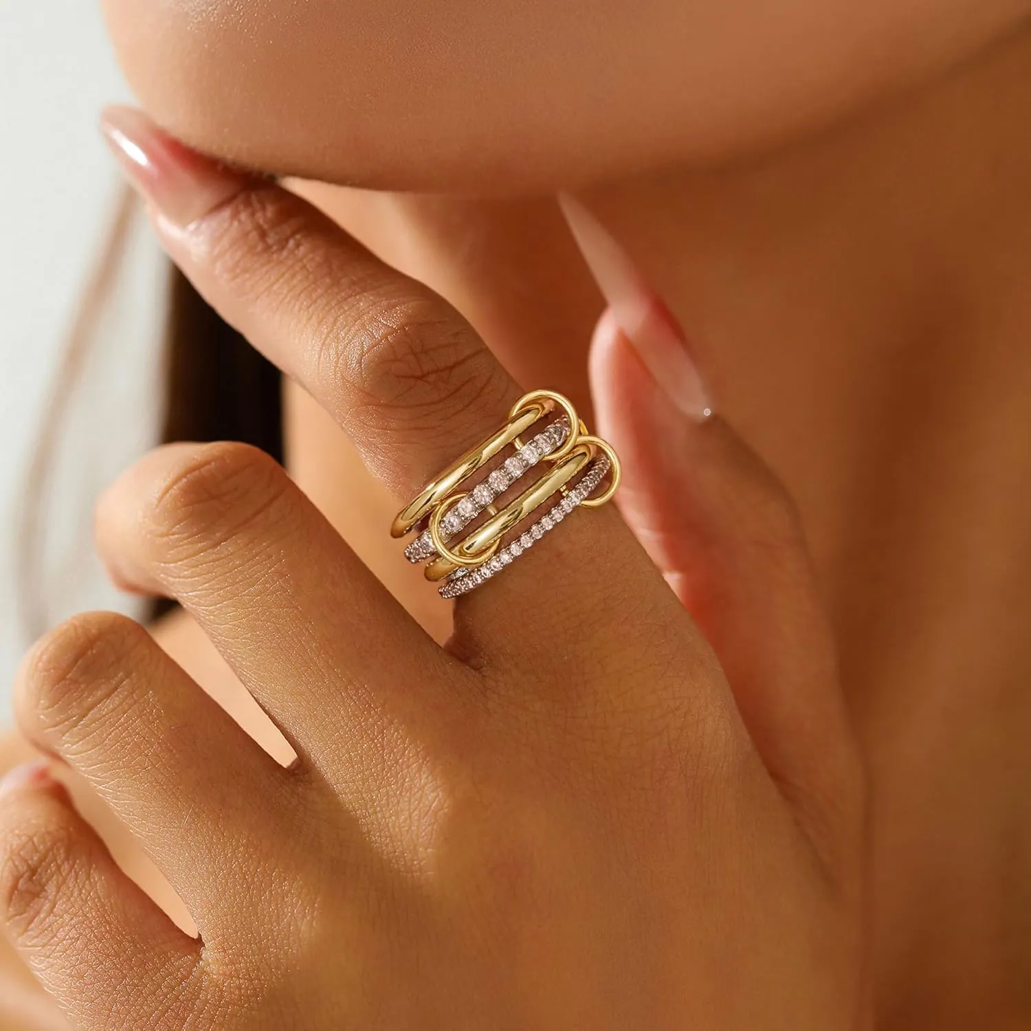 14K Gold Interlocking Stackable Rings for Women ?C Silver Gold Stack Ring Set with CZ, Two Tone Interlocked Stacked Ring, Multi-layer Statement Ring Jewelry