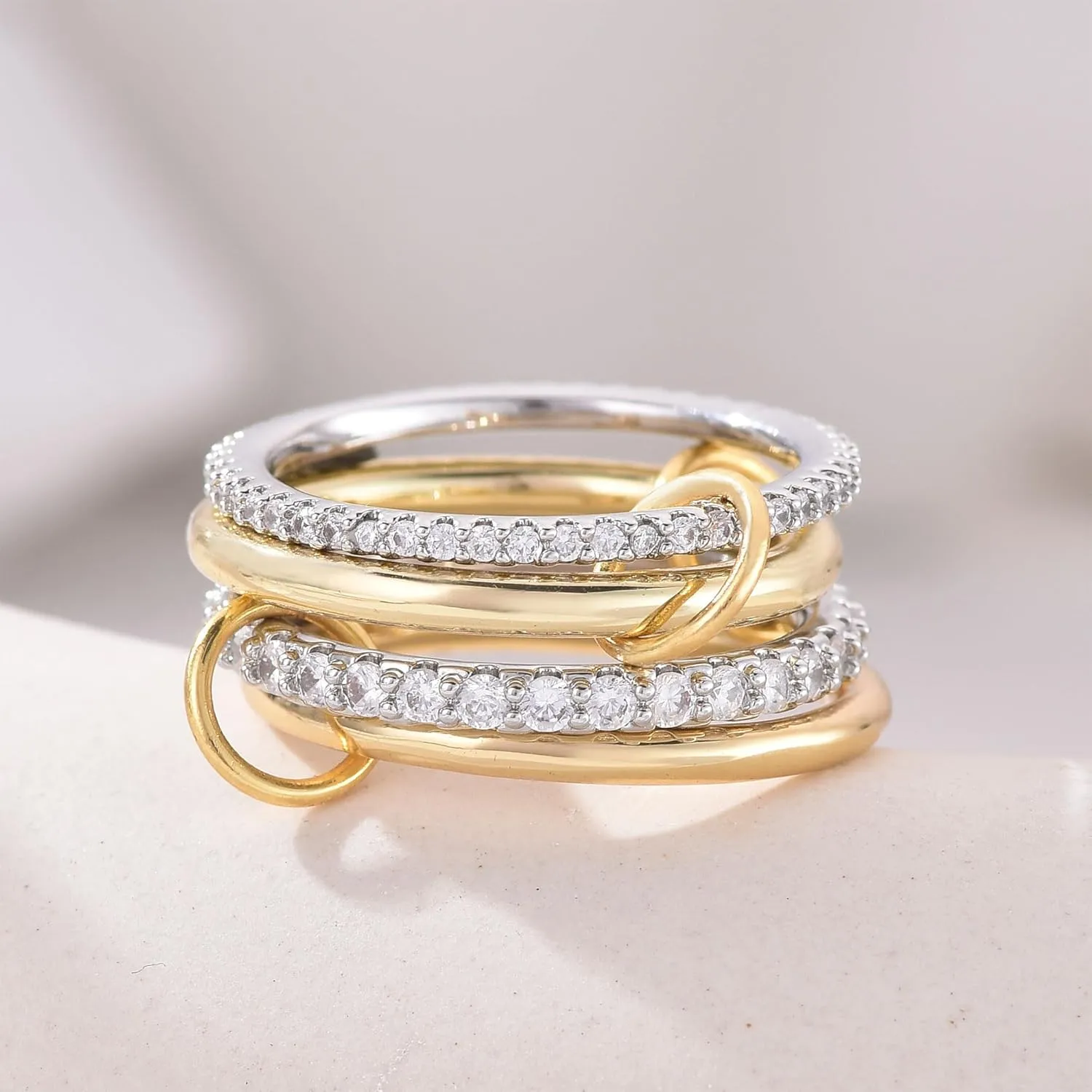 14K Gold Interlocking Stackable Rings for Women ?C Silver Gold Stack Ring Set with CZ, Two Tone Interlocked Stacked Ring, Multi-layer Statement Ring Jewelry