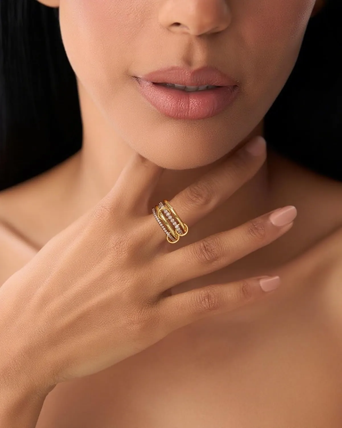 14K Gold Interlocking Stackable Rings for Women ?C Silver Gold Stack Ring Set with CZ, Two Tone Interlocked Stacked Ring, Multi-layer Statement Ring Jewelry