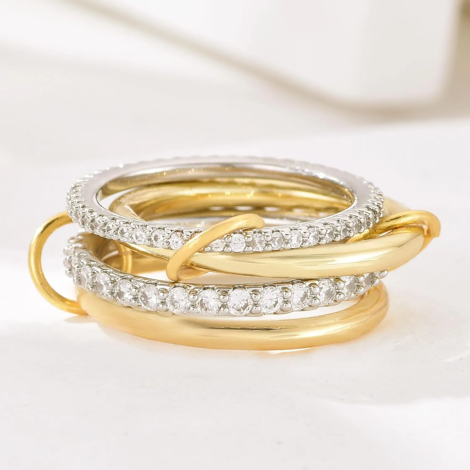 14K Gold Interlocking Stackable Rings for Women ?C Silver Gold Stack Ring Set with CZ, Two Tone Interlocked Stacked Ring, Multi-layer Statement Ring Jewelry