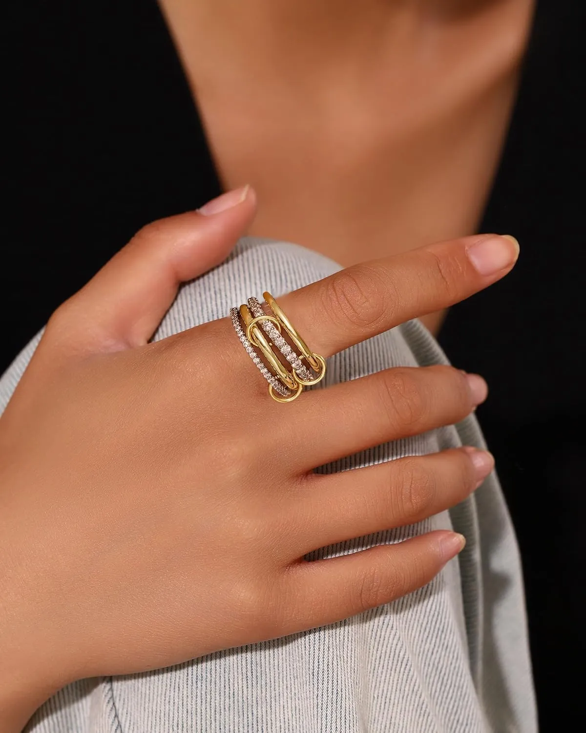 14K Gold Interlocking Stackable Rings for Women ?C Silver Gold Stack Ring Set with CZ, Two Tone Interlocked Stacked Ring, Multi-layer Statement Ring Jewelry