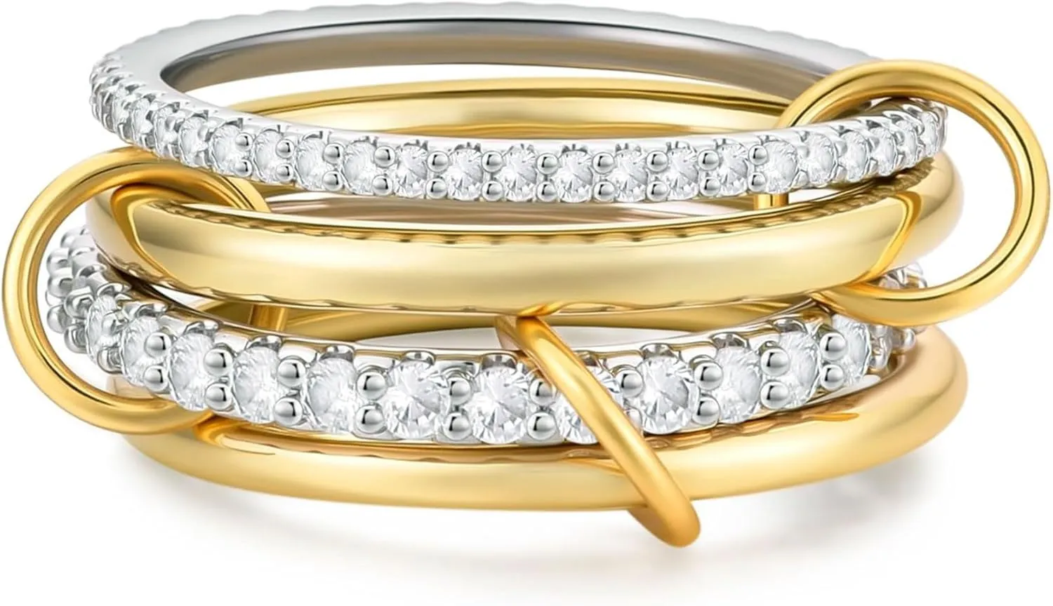 14K Gold Interlocking Stackable Rings for Women ?C Silver Gold Stack Ring Set with CZ, Two Tone Interlocked Stacked Ring, Multi-layer Statement Ring Jewelry