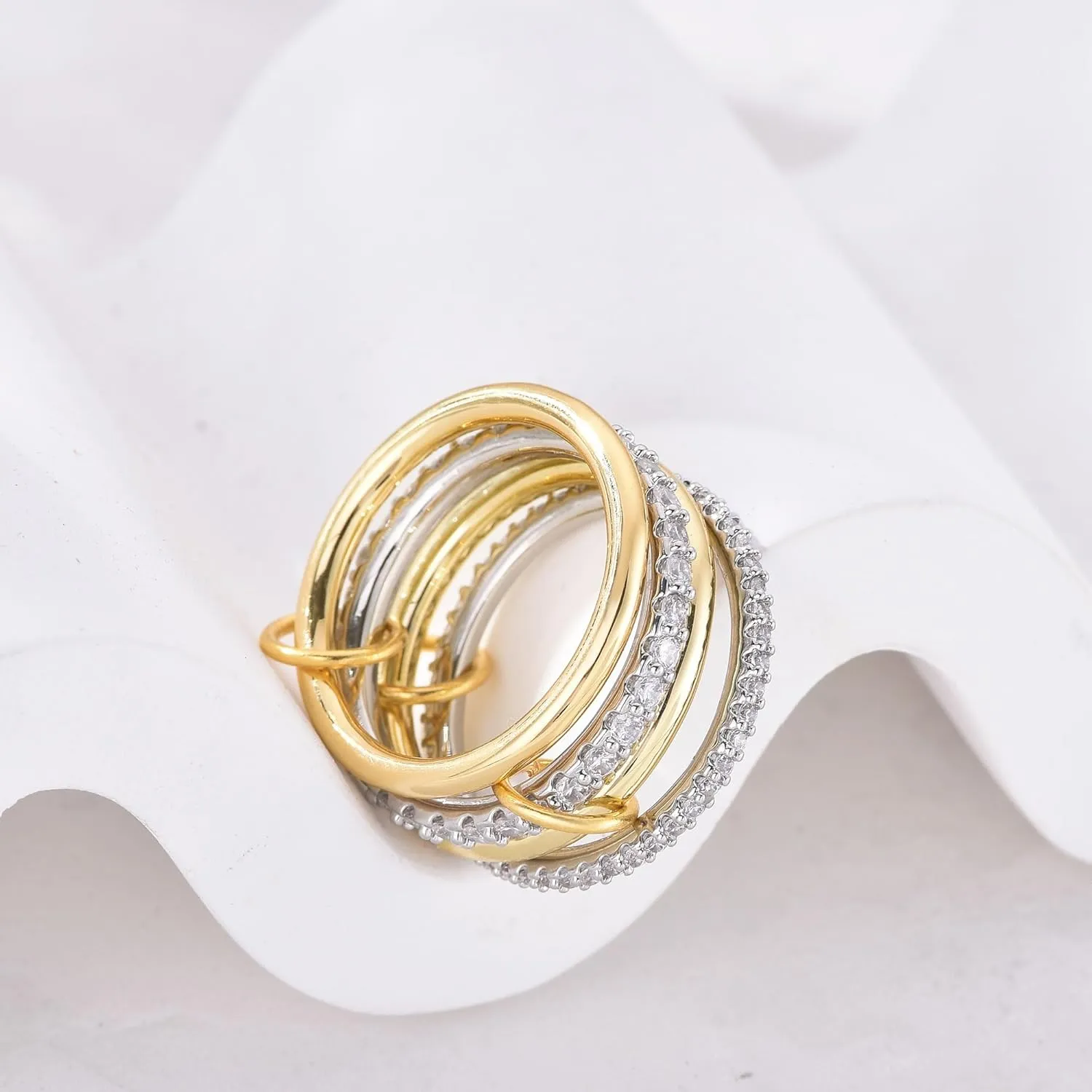 14K Gold Interlocking Stackable Rings for Women ?C Silver Gold Stack Ring Set with CZ, Two Tone Interlocked Stacked Ring, Multi-layer Statement Ring Jewelry