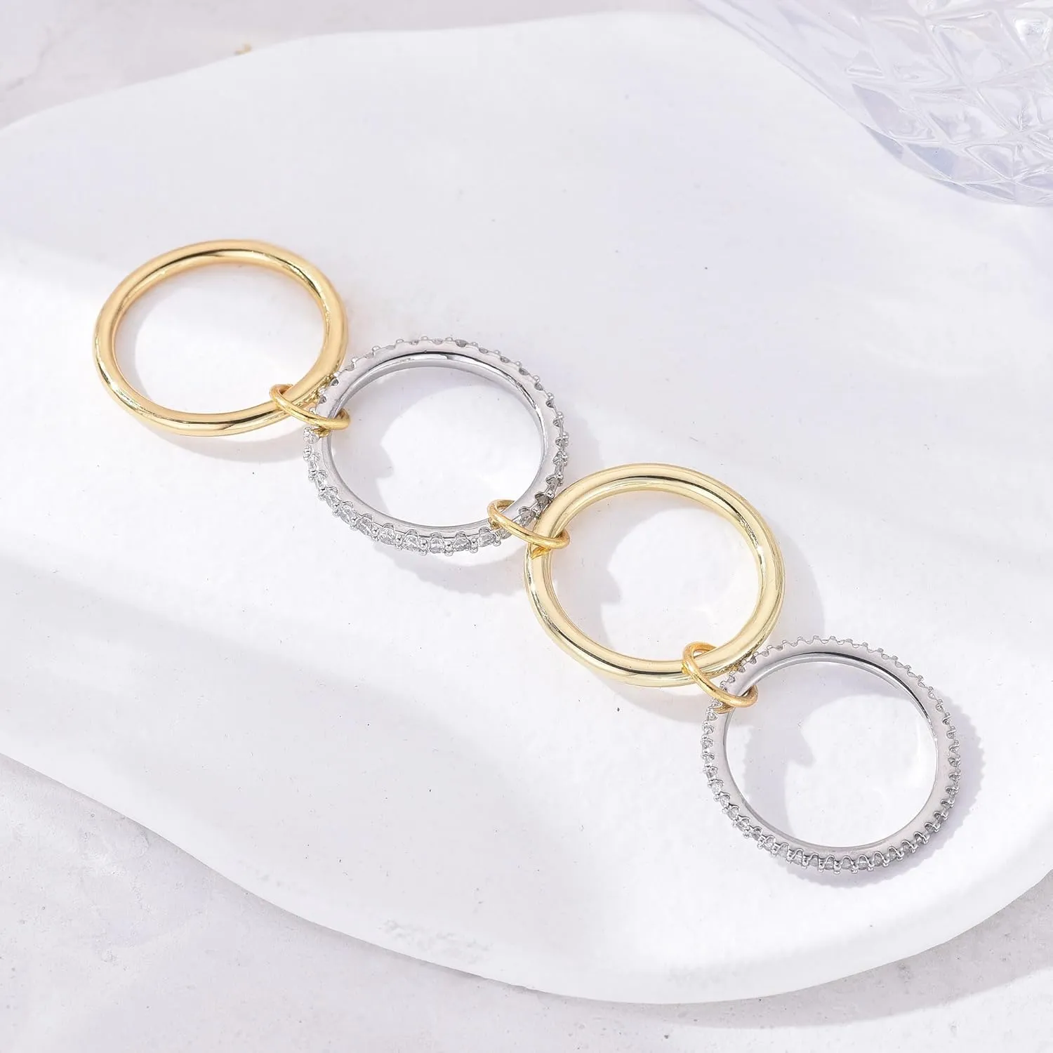 14K Gold Interlocking Stackable Rings for Women ?C Silver Gold Stack Ring Set with CZ, Two Tone Interlocked Stacked Ring, Multi-layer Statement Ring Jewelry