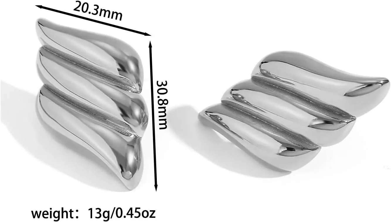 18k Gold Large Chunky Statement Earrings for Women,Vintage Silver Geometric Wing Earrings,Trendy Thick Metal Jewelry Gifts for Party Prom