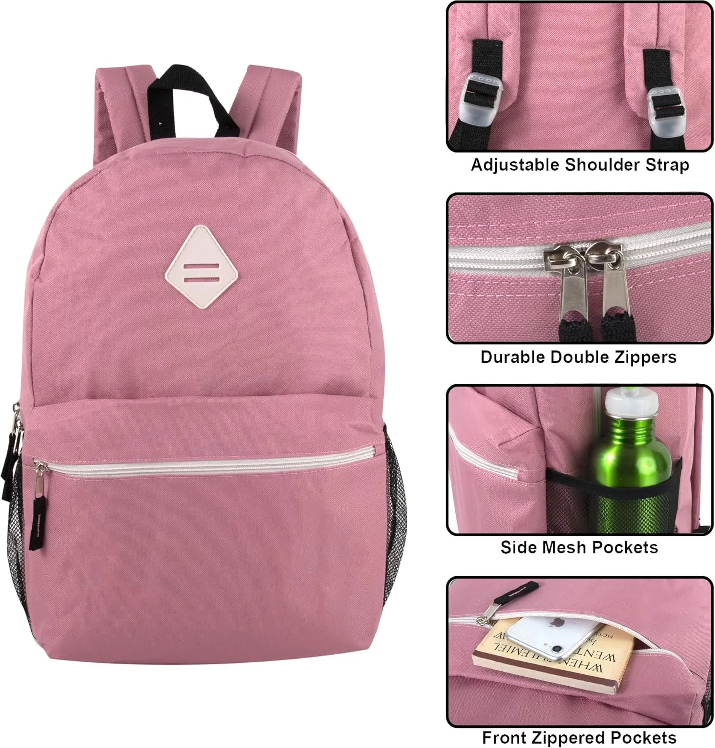 19 Inch School Backpacks with Mesh Side Pockets  Basic Large Solid Color Backpacks for Kids, Men, Women, Travel (Pink/Rose)