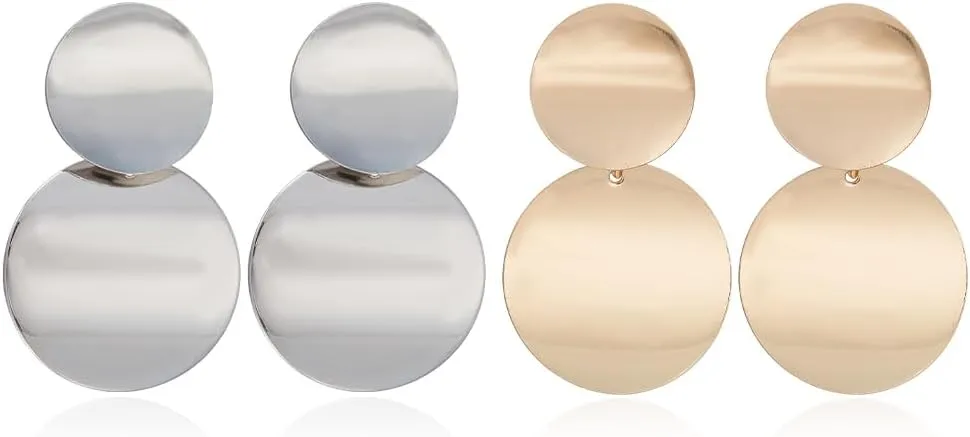 2 Pairs Big Disc Drop Earrings Geometric Stud Earrings Gold Curved Round Dangle Drop Earrings Geometric Drop Dangle Earrings Geometric Statement Earrings Round Earrings for Women