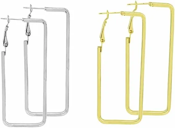 2 Pairs Gold And Silver Geometric Hoop Earrings for Women Hexagon Round Square Thin Hoop Earrings Trendy Geometric Statementg Earring Jewelry Set
