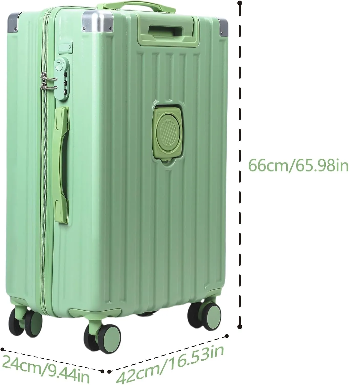 24" Hardside Luggage with Foldable Cup Holder, Carry-on Luggage, Durable Spinner Wheel Luggage, Built in USB Port & Hook, Scratch-resistant Textured Surface Suitcase Green