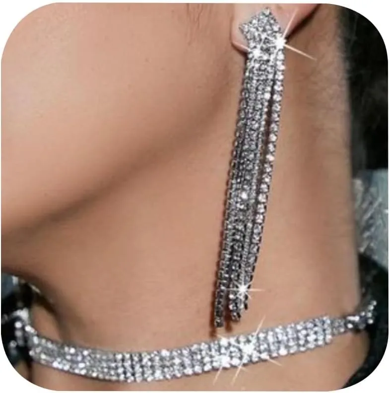 3 Row Silver Choker Necklace for Women Sparkling Rhinestone Crystal Necklace Elegant Statement Jewelry Bridal Accessories