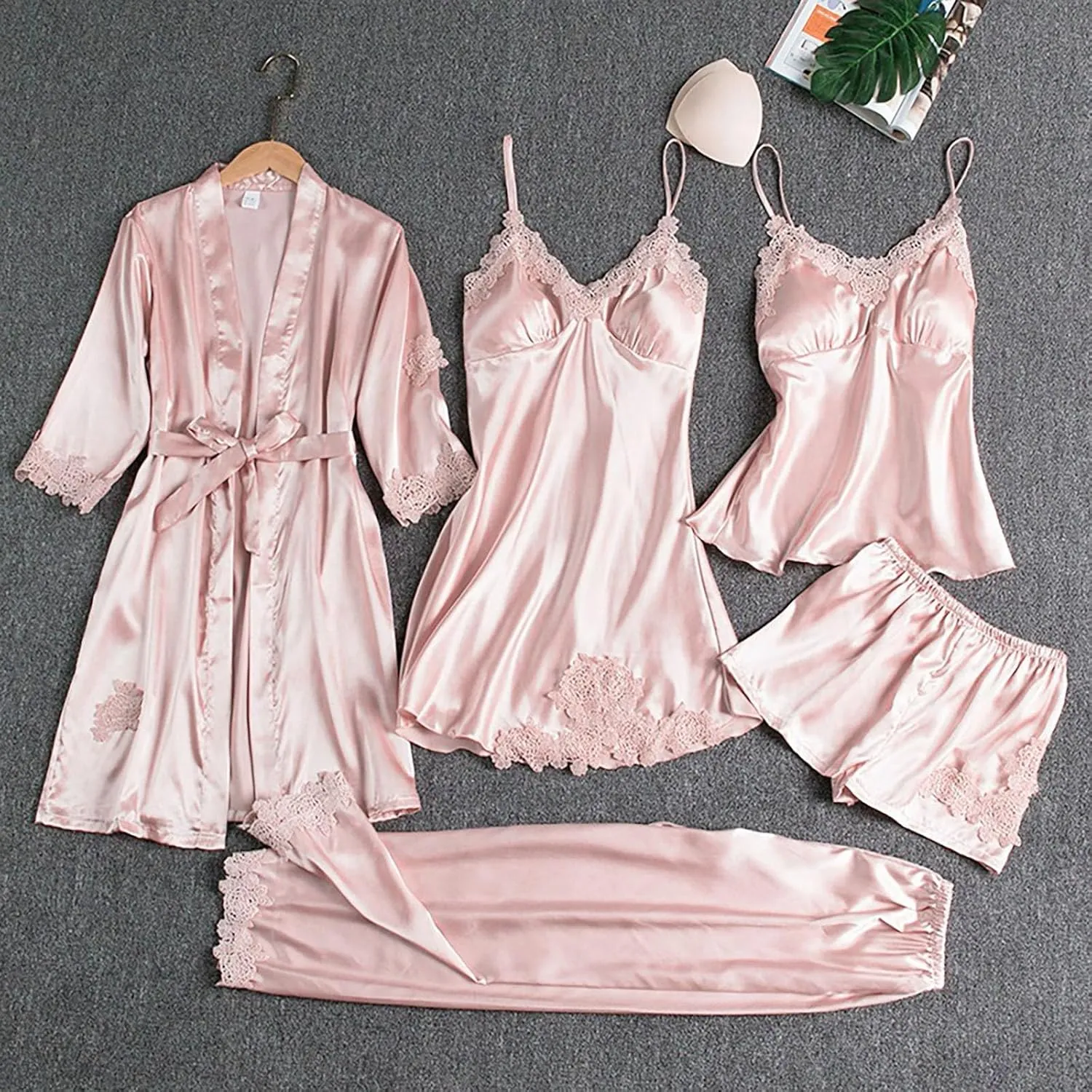 4/5pcs Silk Pajamas Set for Women Silk Lace Robe Dress Sleepwear Nightdress Pajamas Pants Set Soft Loungewear Set