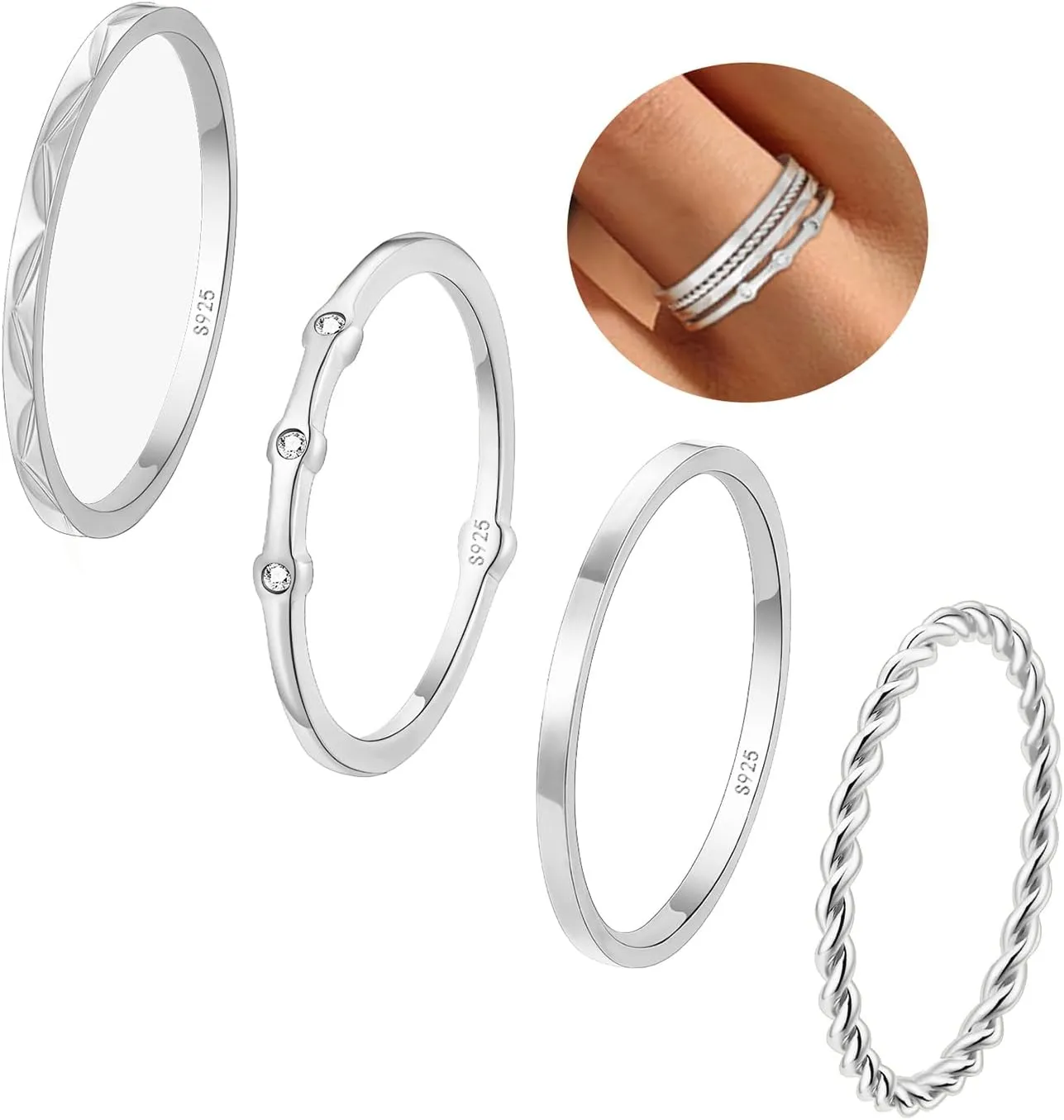 4PC S925 Sterling Silver Rings for Women, 14k Gold Filled Plated Stackable Thin Thumb Ring Non Tarnish Set Cubic Zirconia Dainty Stack Gold Knuckle Rings Set Size 6-10