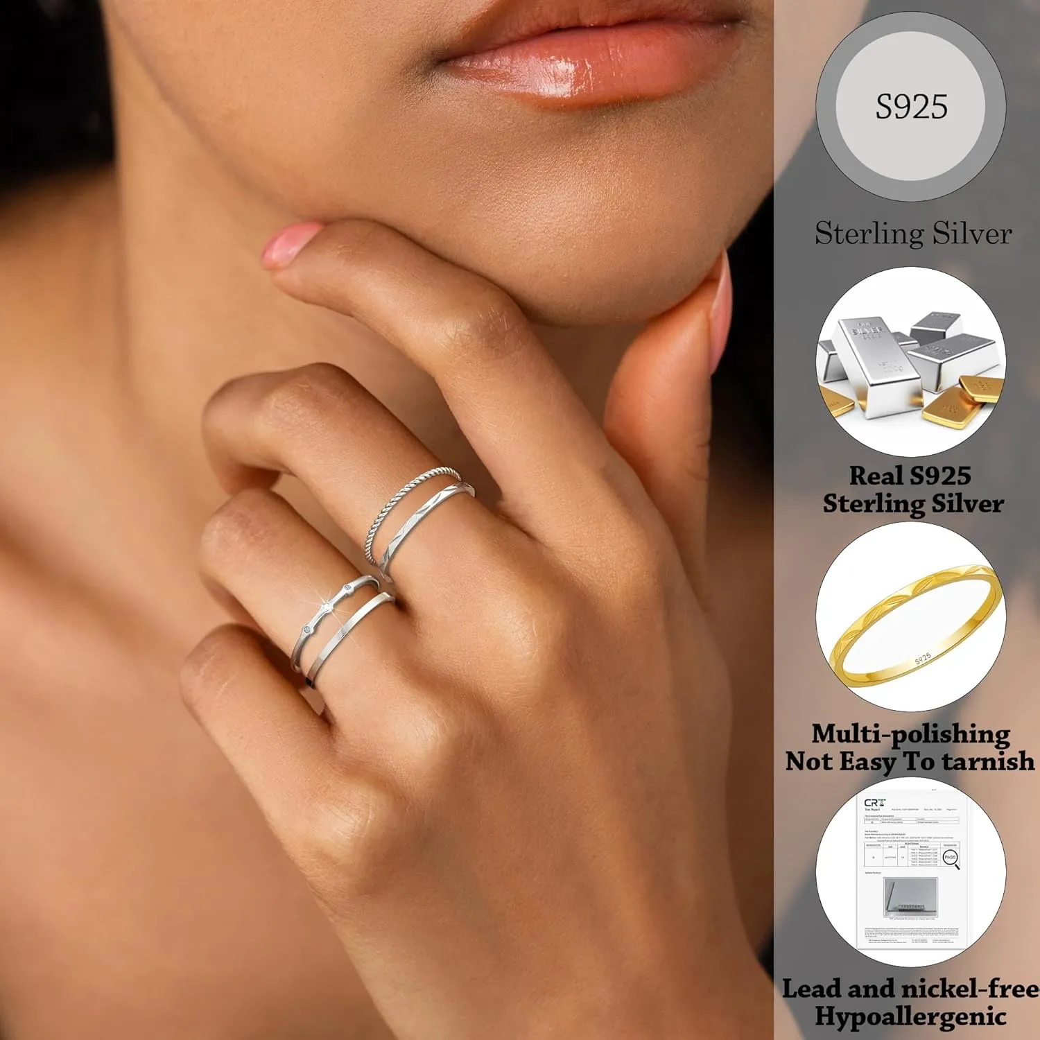4PC S925 Sterling Silver Rings for Women, 14k Gold Filled Plated Stackable Thin Thumb Ring Non Tarnish Set Cubic Zirconia Dainty Stack Gold Knuckle Rings Set Size 6-10