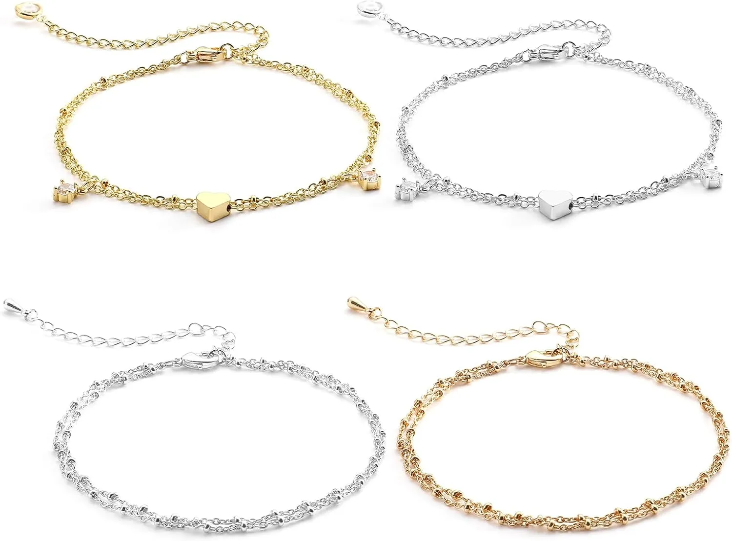 4Pcs Gold and Silver Ankle Bracelet Set for Women, Waterproof 14K Gold Plated & 925 Sterling Silver Anklets with Heart, Beads, Cuban Link & Herringbone Designs  Layered, Dainty Anklets, Jewelry Gifts for Women, Mom, Wife, Girlfriend