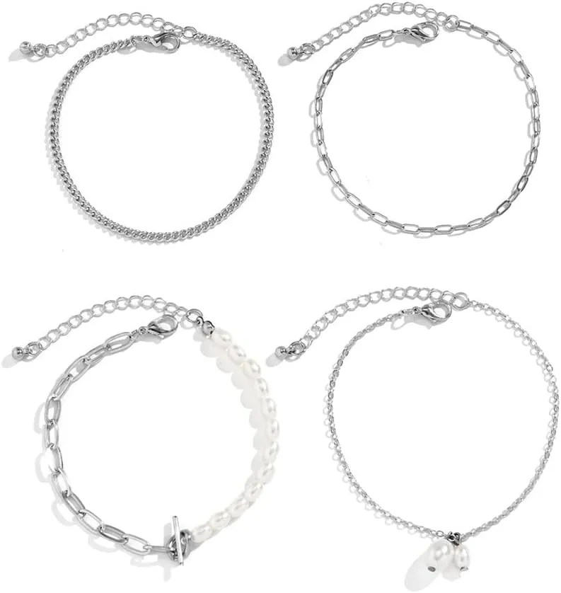 4Pcs/Set Multi LayerTennis Chain Anklet Set for Women Anklet Foot Jewelry (Silver)