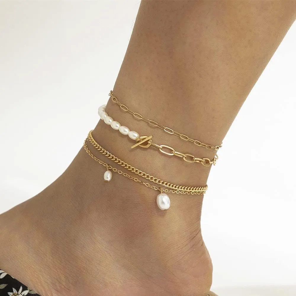 4Pcs/Set Multi LayerTennis Chain Anklet Set for Women Anklet Foot Jewelry (Silver)