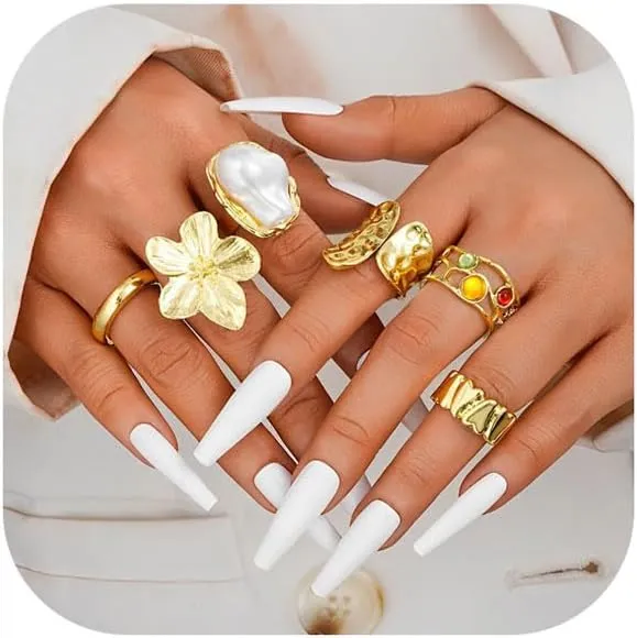 6PCS Chunky Gold Rings for Women Non Tarnish Stacking Statement Flower Ring Opening Adjustable Baroque Pearl Shell Stackable Rings Knuckle Gold Ring Set Trendy Jewelry Set