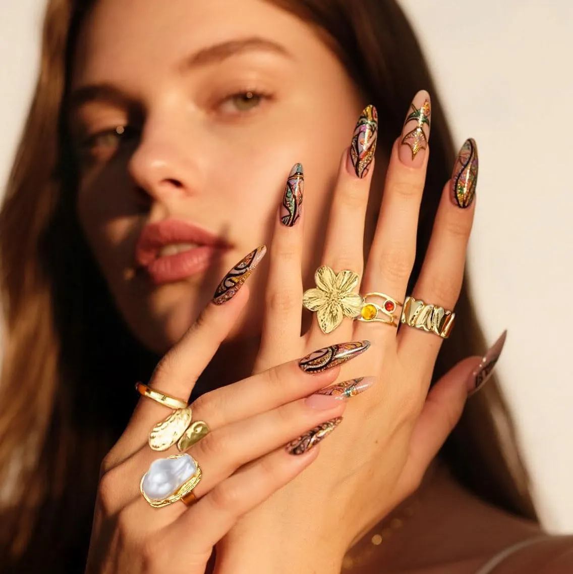 6PCS Chunky Gold Rings for Women Non Tarnish Stacking Statement Flower Ring Opening Adjustable Baroque Pearl Shell Stackable Rings Knuckle Gold Ring Set Trendy Jewelry Set