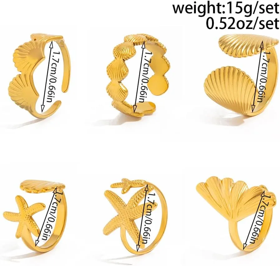 6Pcs Gold Beachy Seashell Stacked Knuckle Rings Set for Women Vintage Starfish Shell Metal Finger Ring Hawaii Holiday Conch Stackable Jewelry Pack