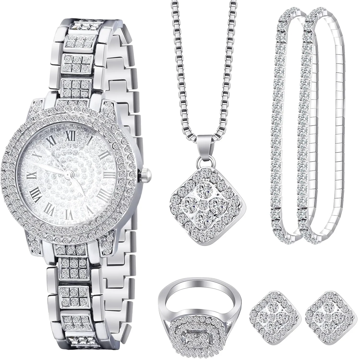 7 Pcs Luxury Women Watch and Bracelet Set Elegant Rhinestone Jewelry Quartz Watch and Women's Wrist Bangle Diamond Ring Necklace Earrings Set with Box for Wife Ladies Gift