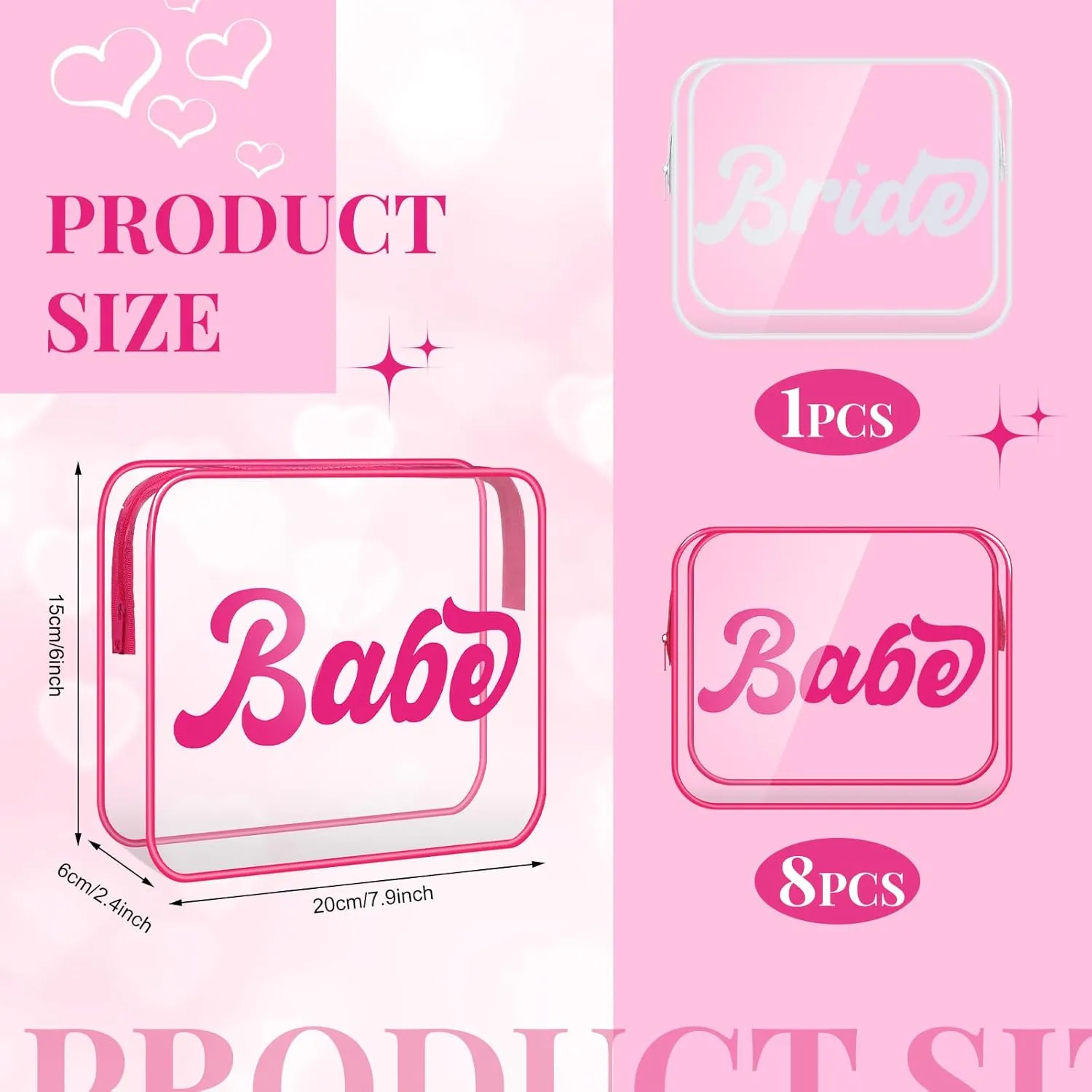 9 Pcs Bride and Babe Bachelorette Makeup Bags Bride Cosmetic Bags Bridesmaid Gifts Purse PVC Clear Toiletry Purse with Zipper for Women Bachelorette Party Wedding Bridal Shower
