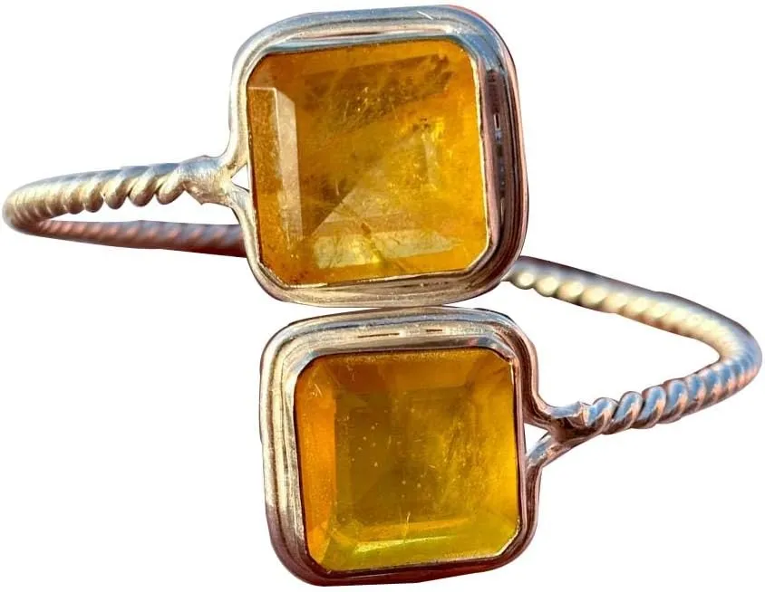 925 Sterling Silver Double Yellow Sapphire Crystal Bangle, Square Cut Yellow Sapphire Crystal Gemstones, Twisted Rope Band