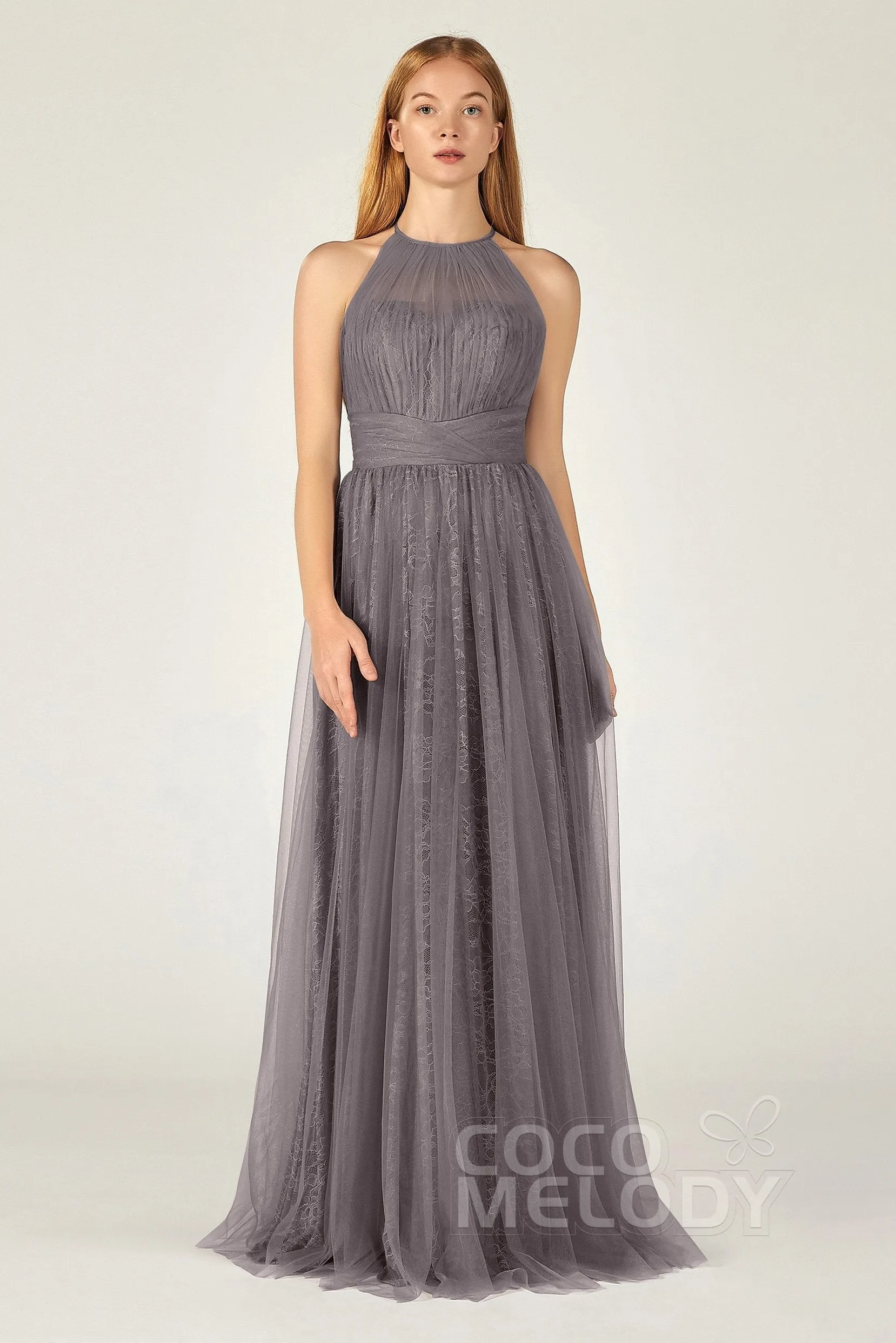 A-Line Floor Length Tulle Lace Bridesmaid Dress CB0377