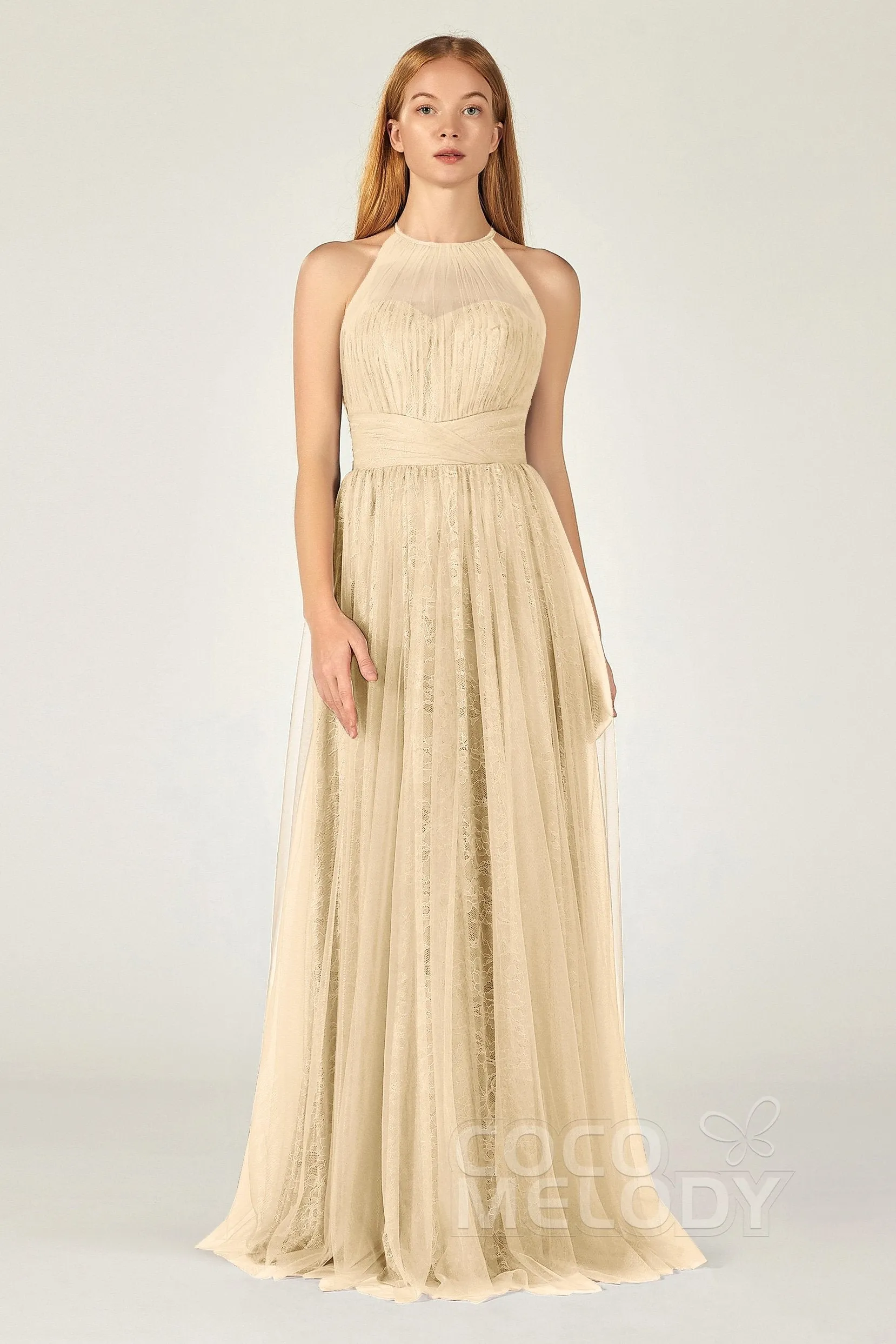 A-Line Floor Length Tulle Lace Bridesmaid Dress CB0377