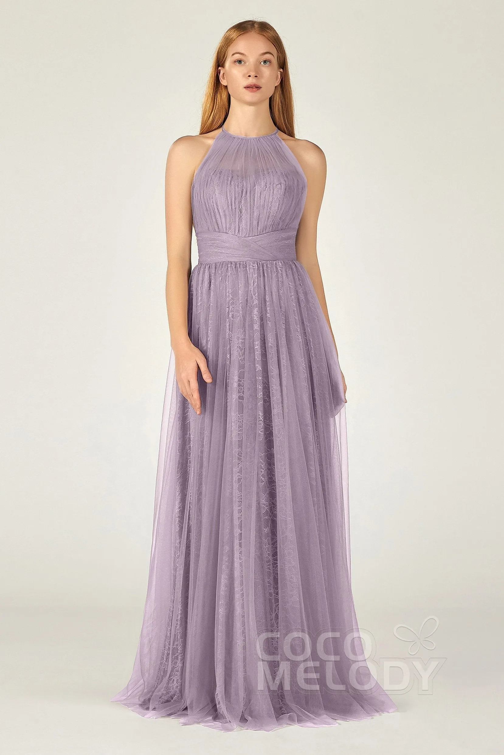 A-Line Floor Length Tulle Lace Bridesmaid Dress CB0377