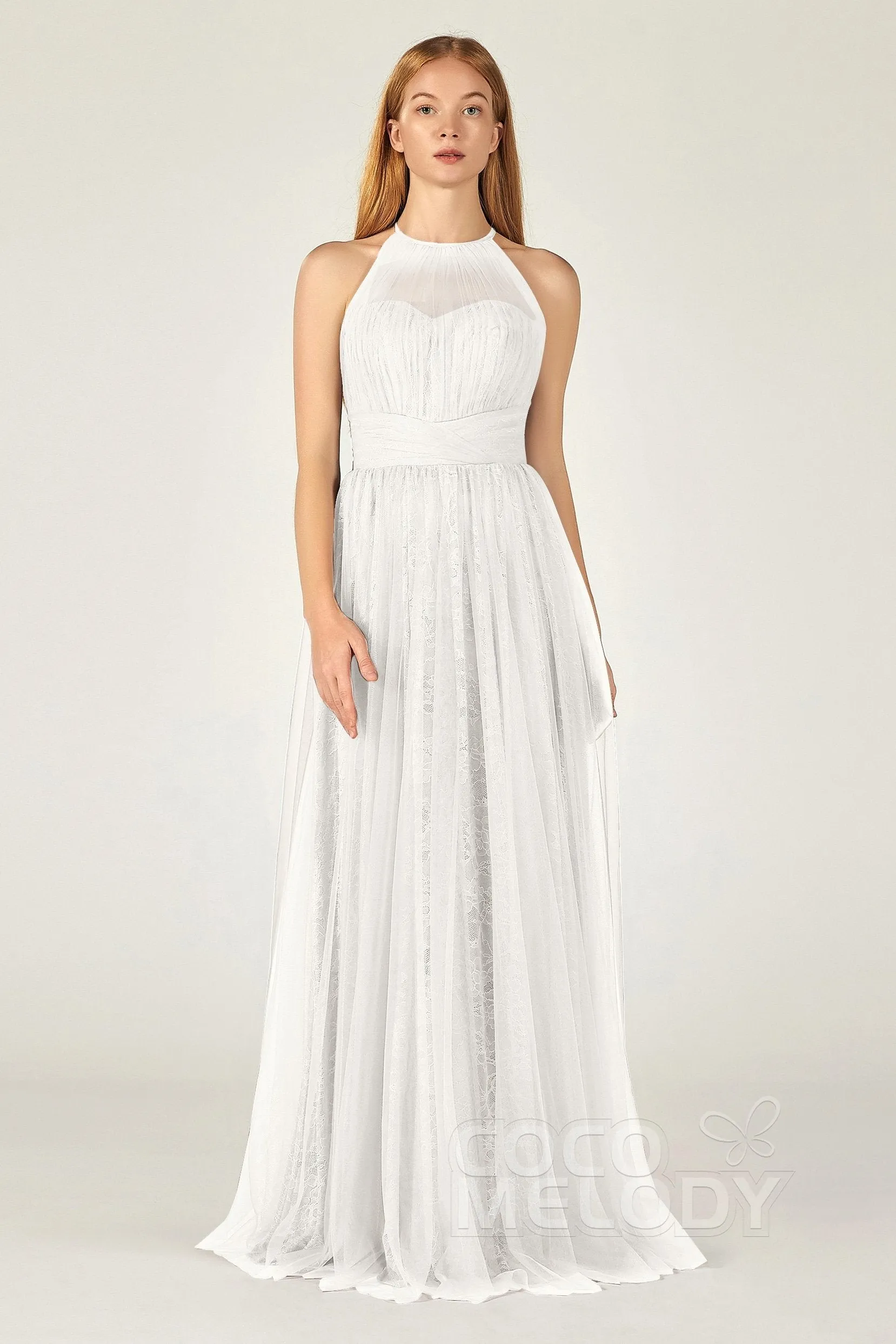 A-Line Floor Length Tulle Lace Bridesmaid Dress CB0377