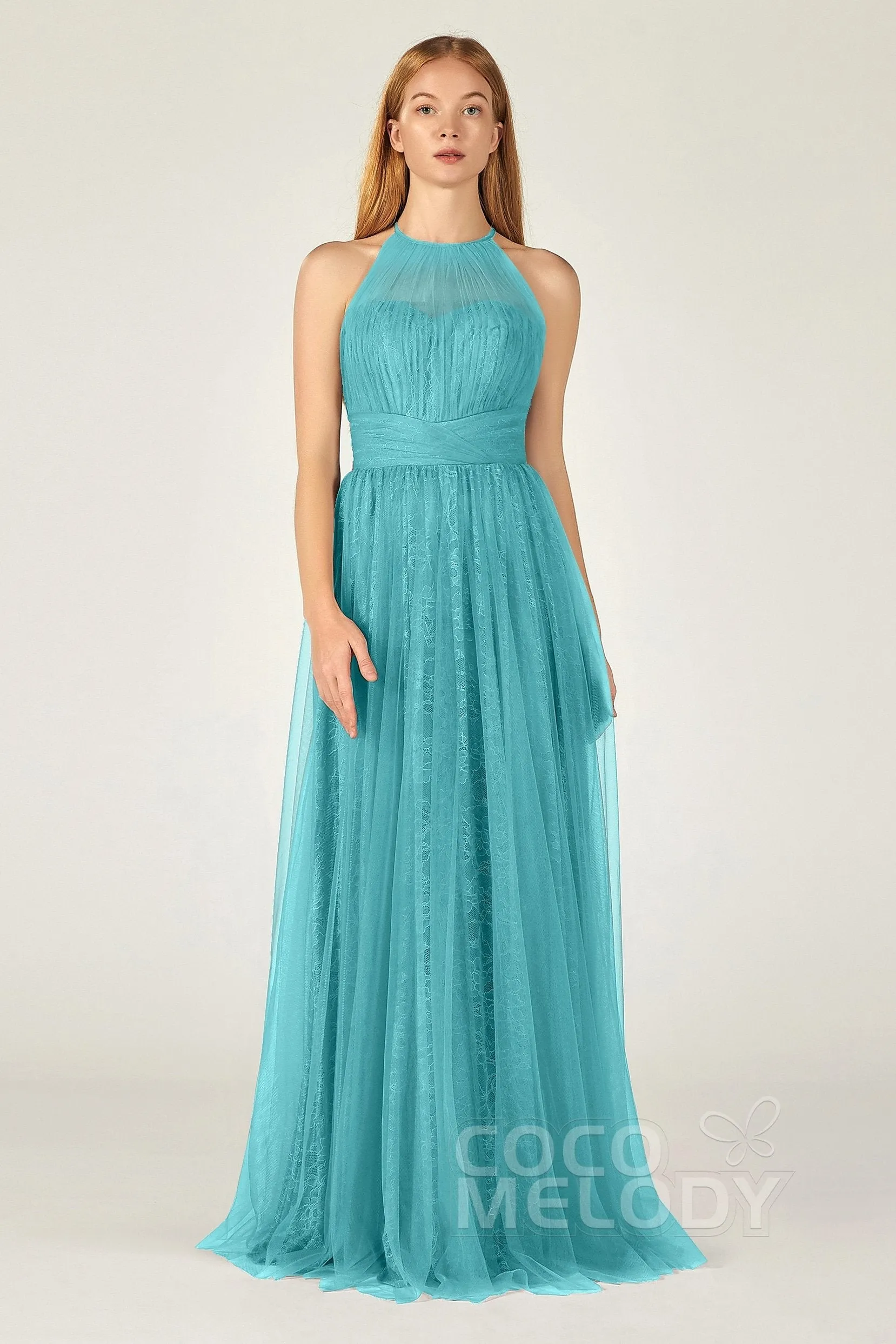 A-Line Floor Length Tulle Lace Bridesmaid Dress CB0377