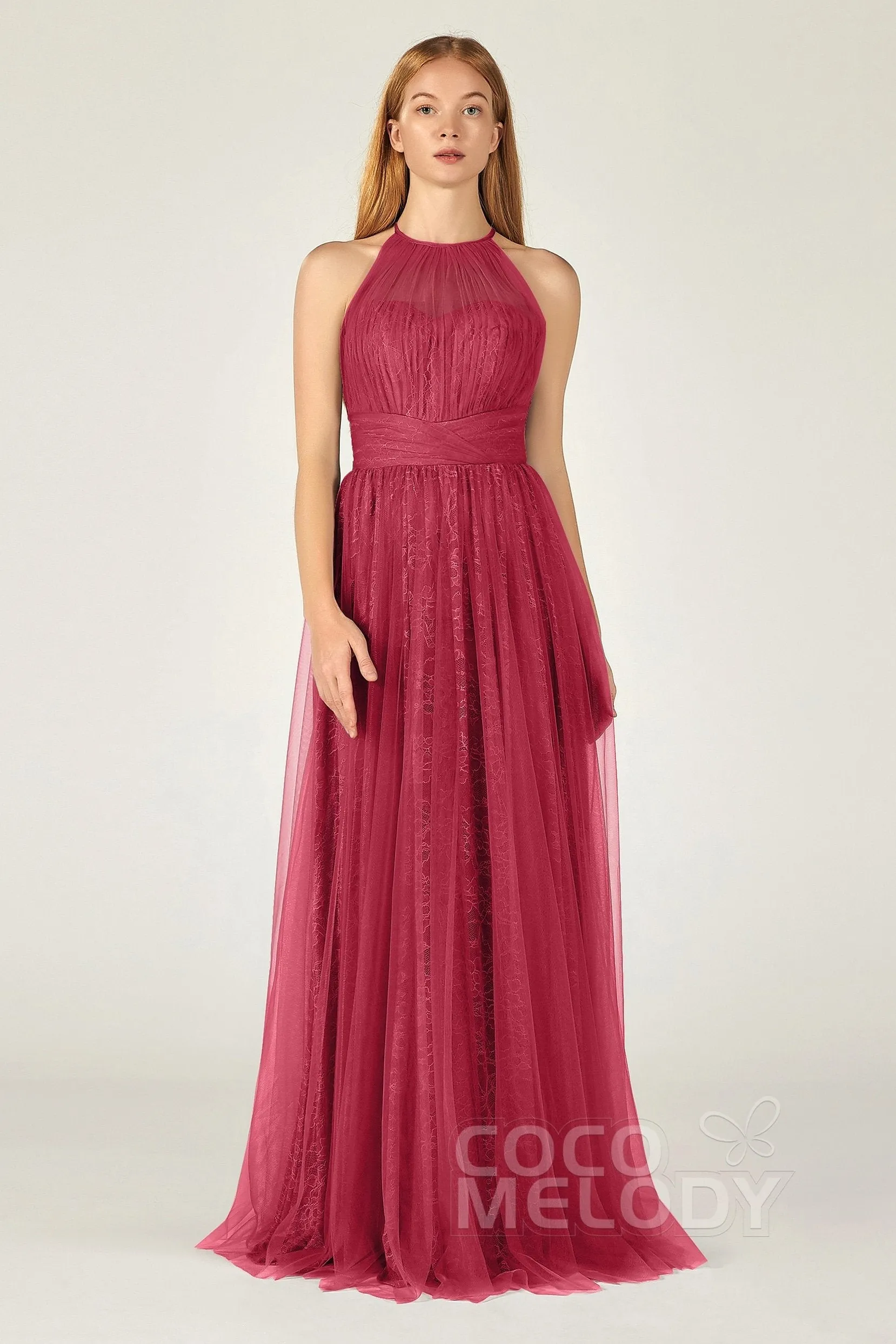 A-Line Floor Length Tulle Lace Bridesmaid Dress CB0377
