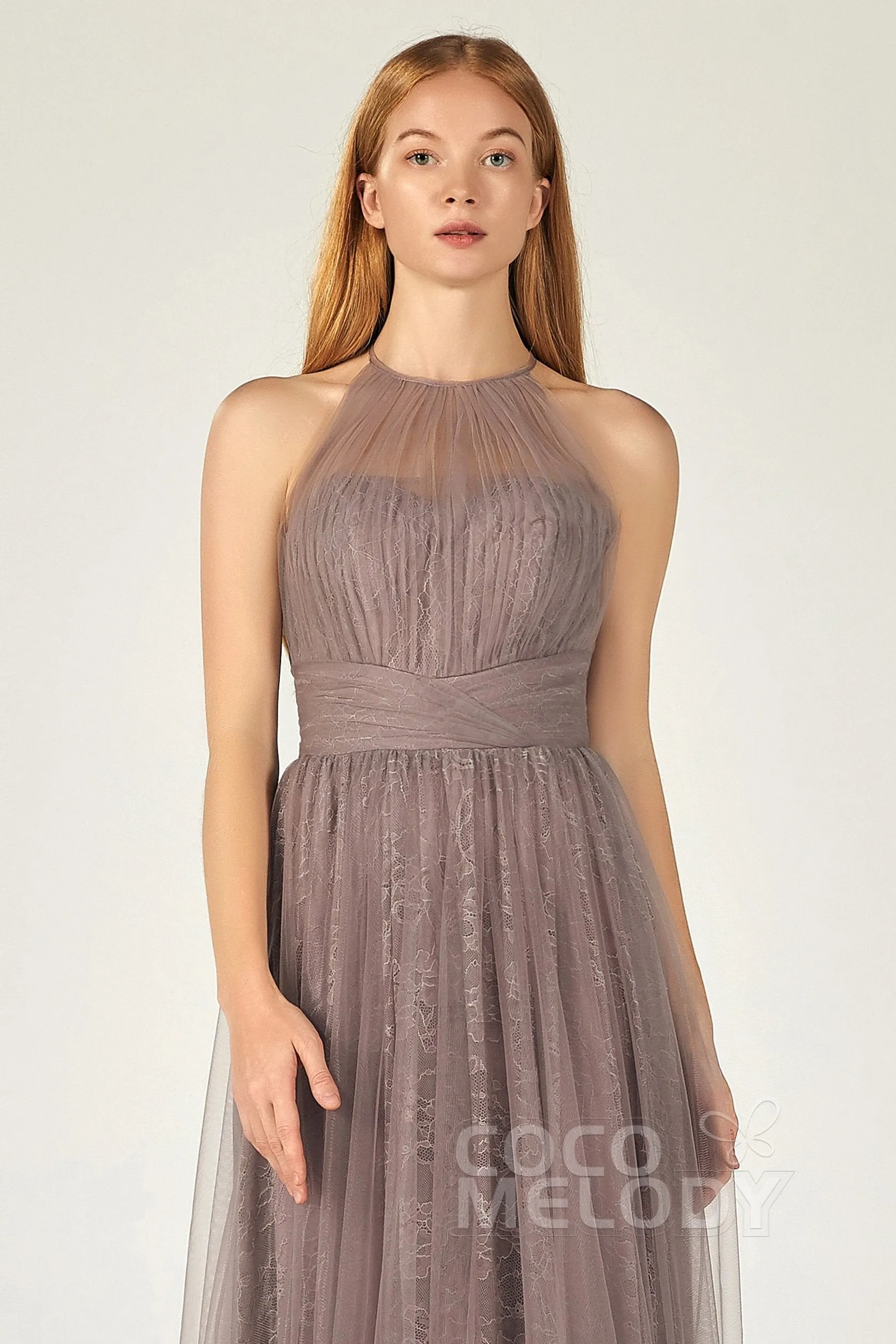 A-Line Floor Length Tulle Lace Bridesmaid Dress CB0377