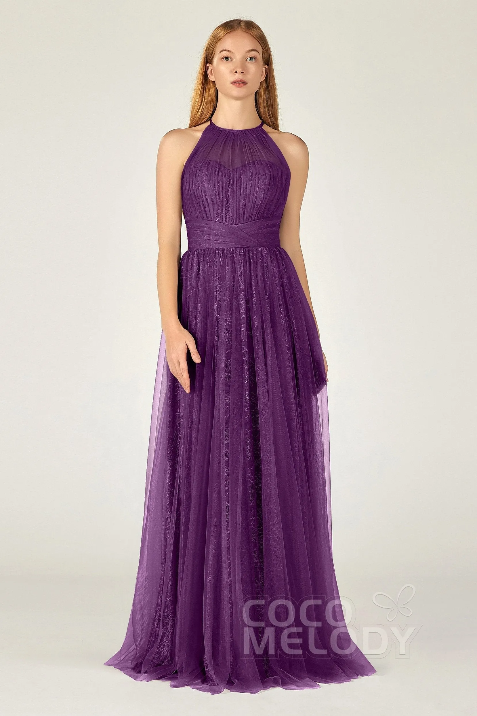 A-Line Floor Length Tulle Lace Bridesmaid Dress CB0377