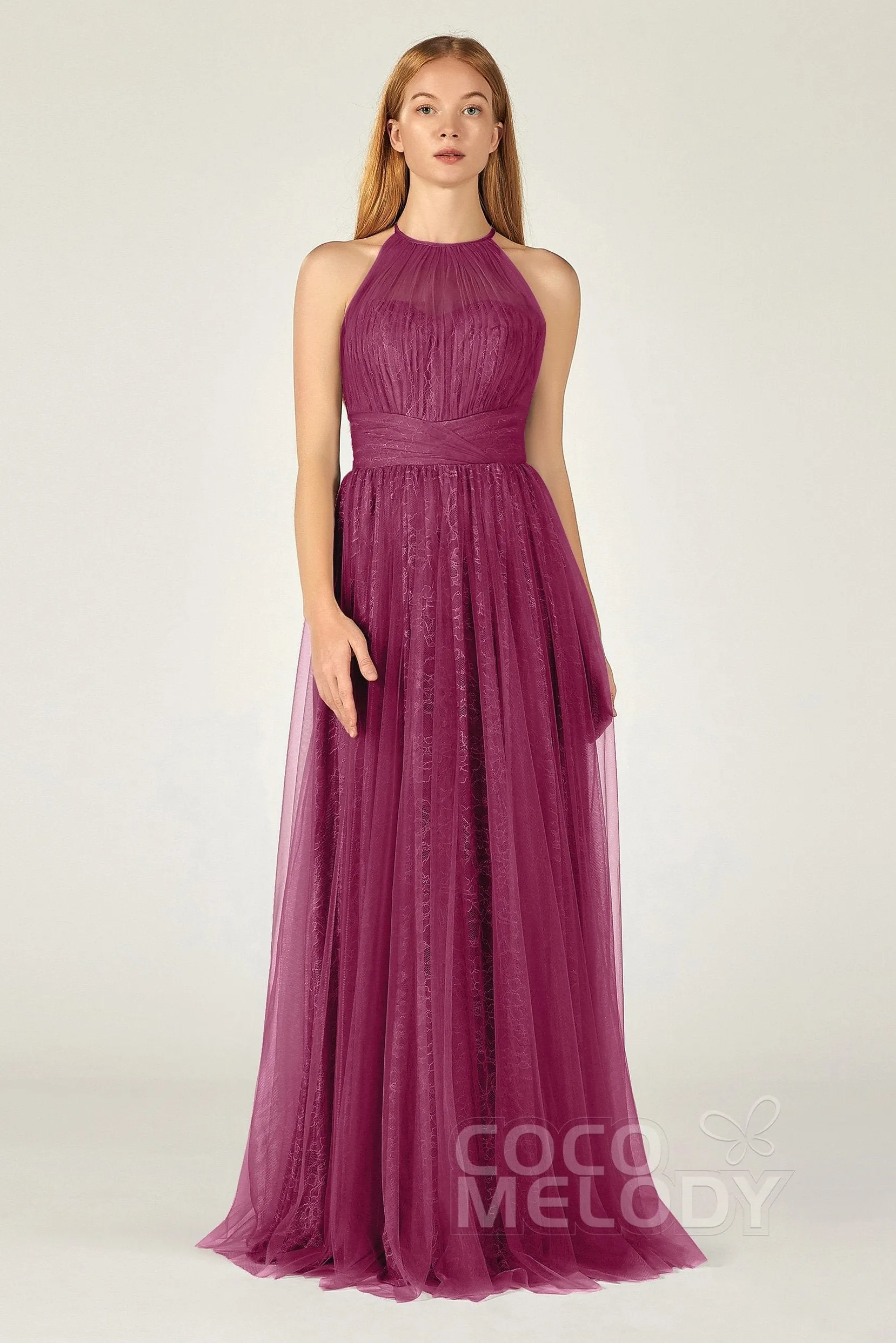 A-Line Floor Length Tulle Lace Bridesmaid Dress CB0377