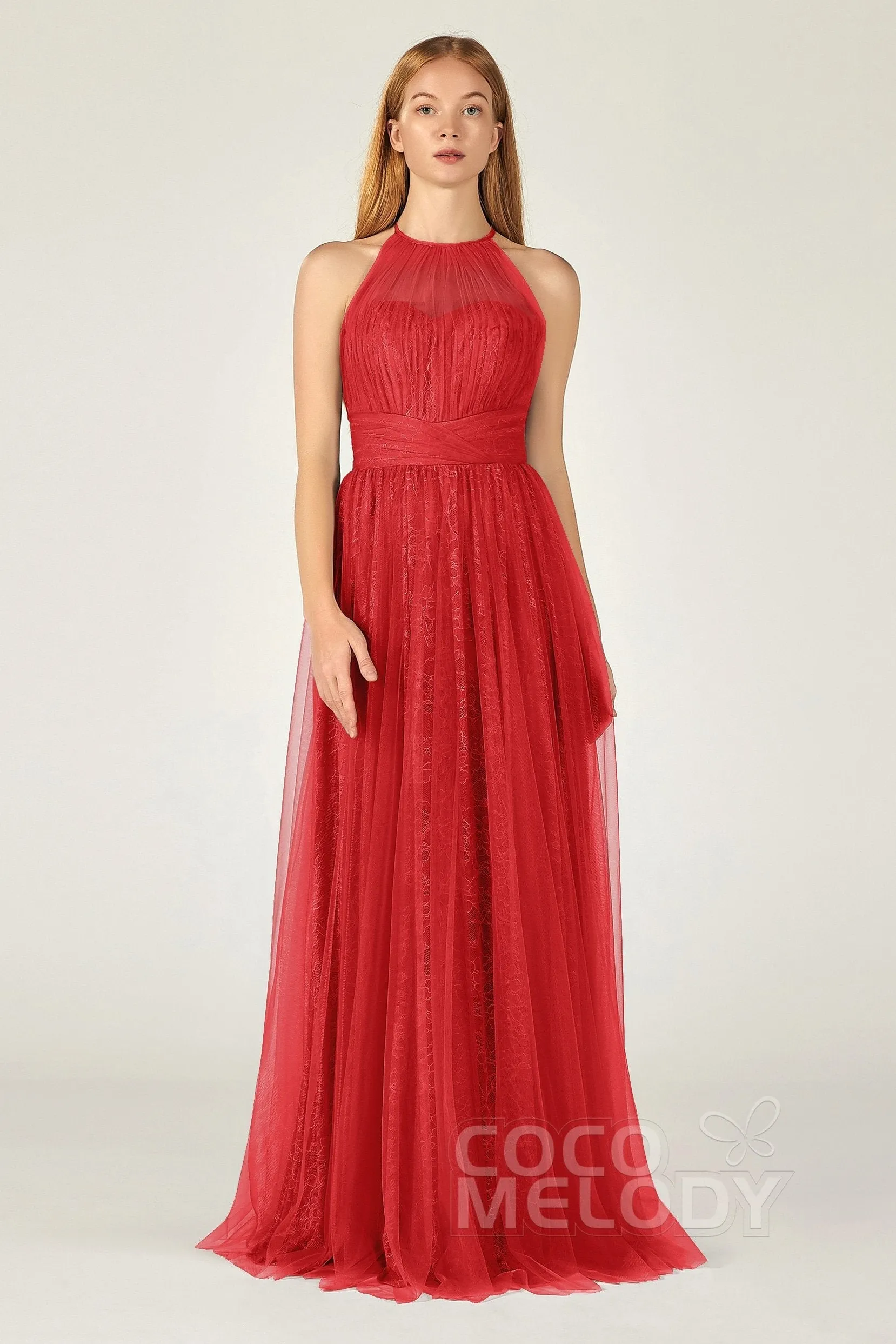 A-Line Floor Length Tulle Lace Bridesmaid Dress CB0377