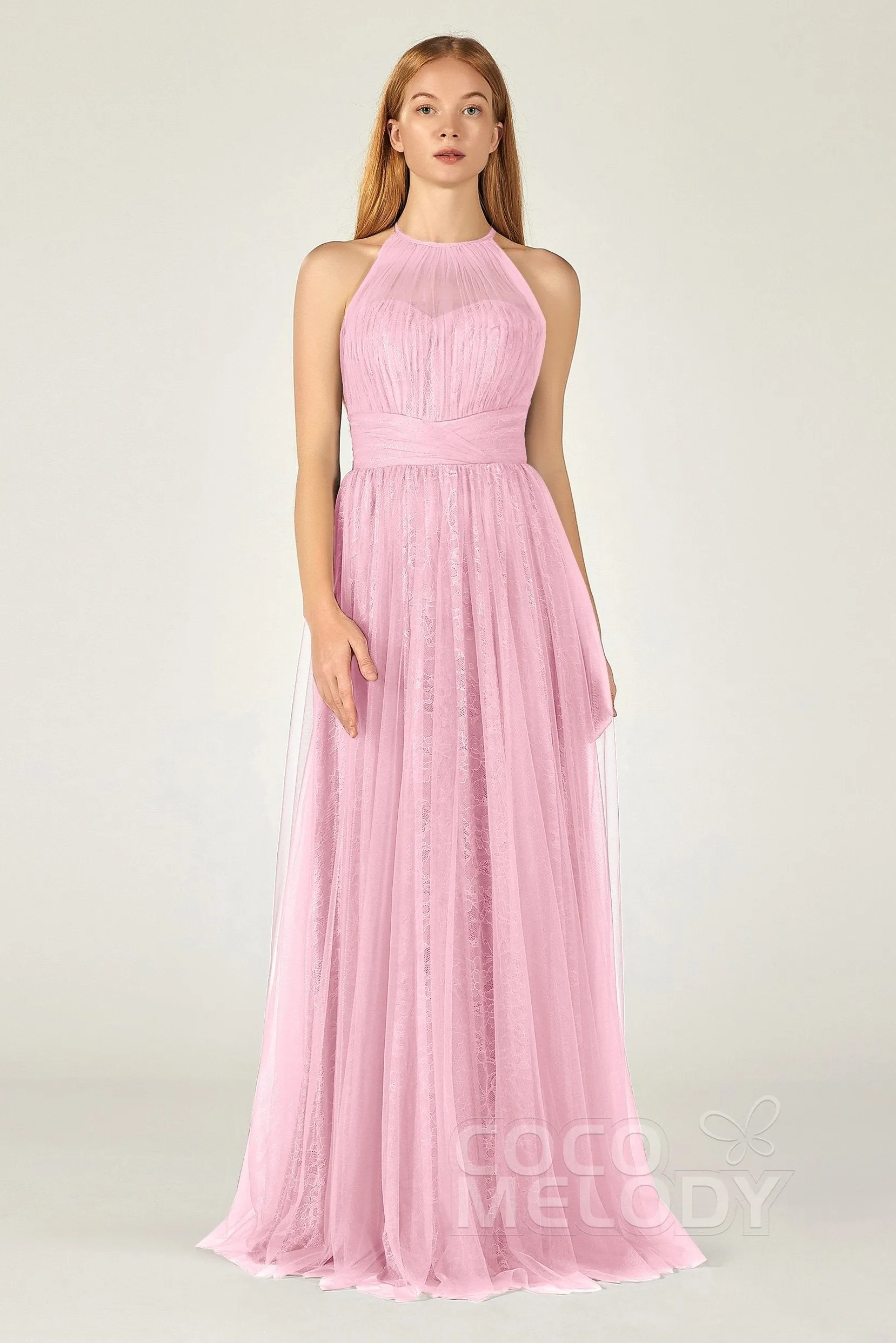 A-Line Floor Length Tulle Lace Bridesmaid Dress CB0377