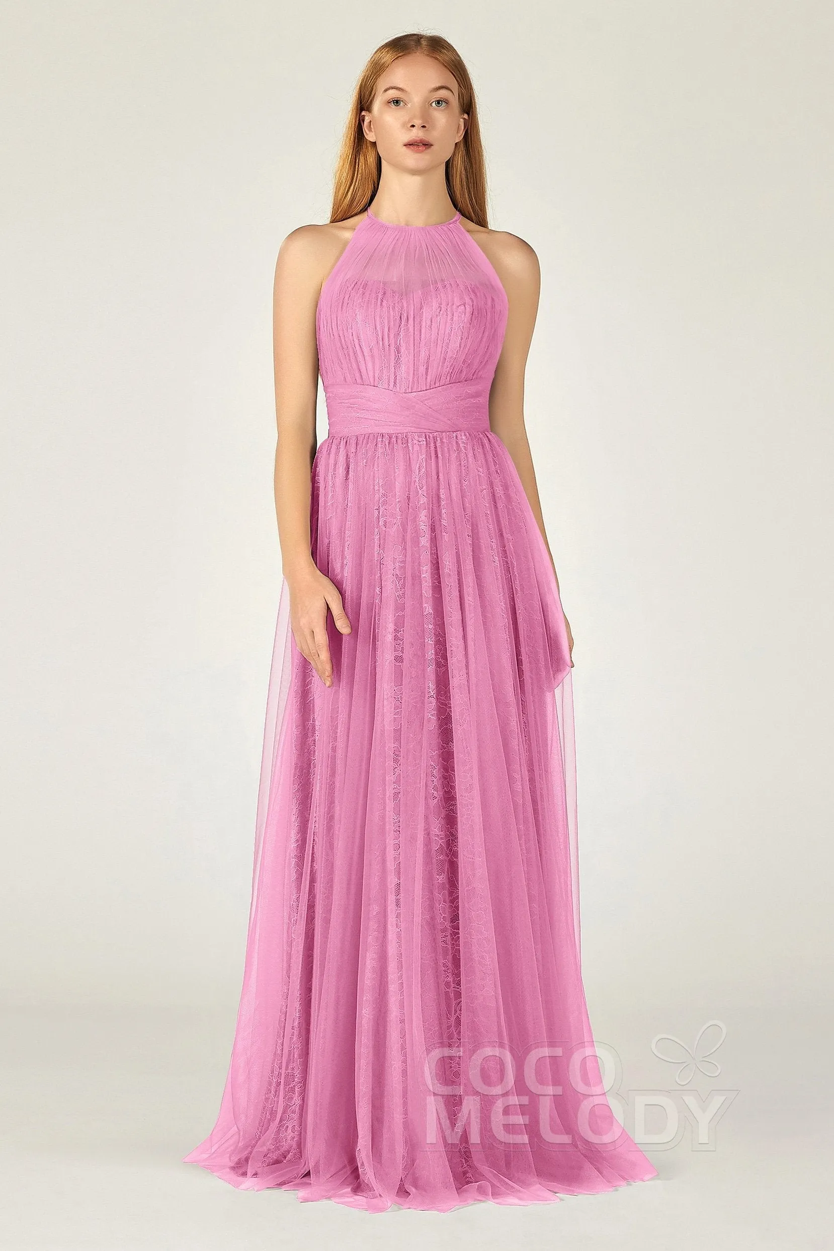 A-Line Floor Length Tulle Lace Bridesmaid Dress CB0377