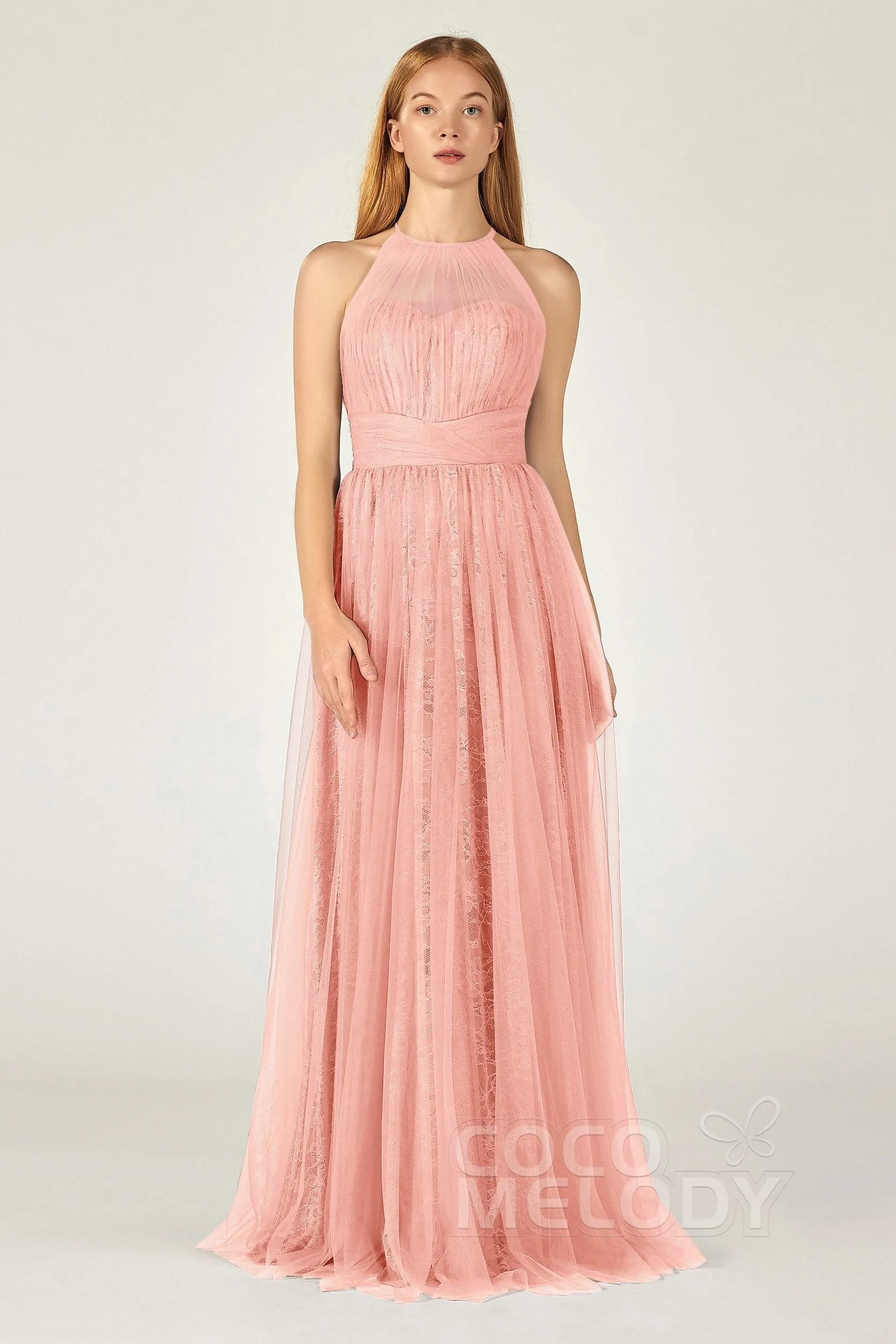 A-Line Floor Length Tulle Lace Bridesmaid Dress CB0377