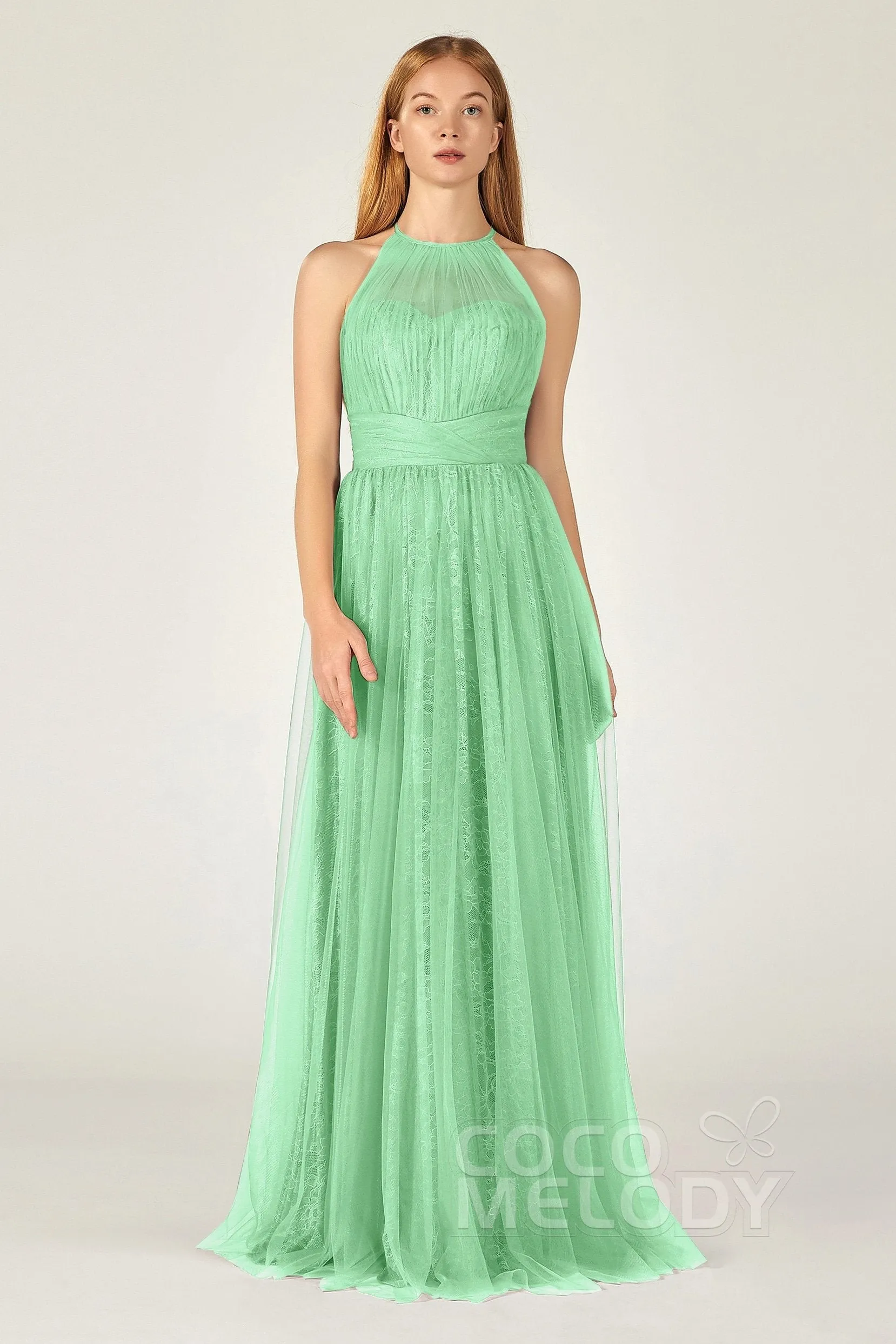 A-Line Floor Length Tulle Lace Bridesmaid Dress CB0377