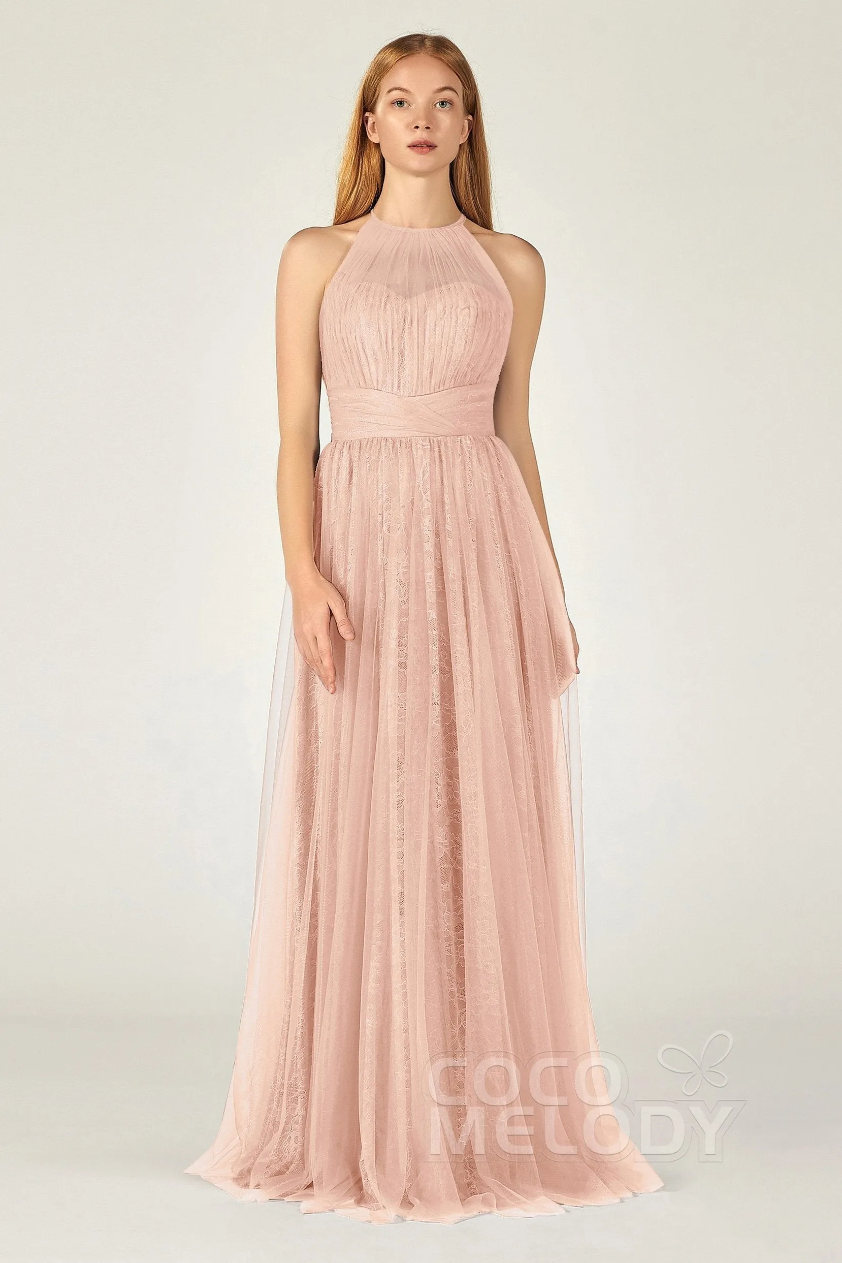 A-Line Floor Length Tulle Lace Bridesmaid Dress CB0377