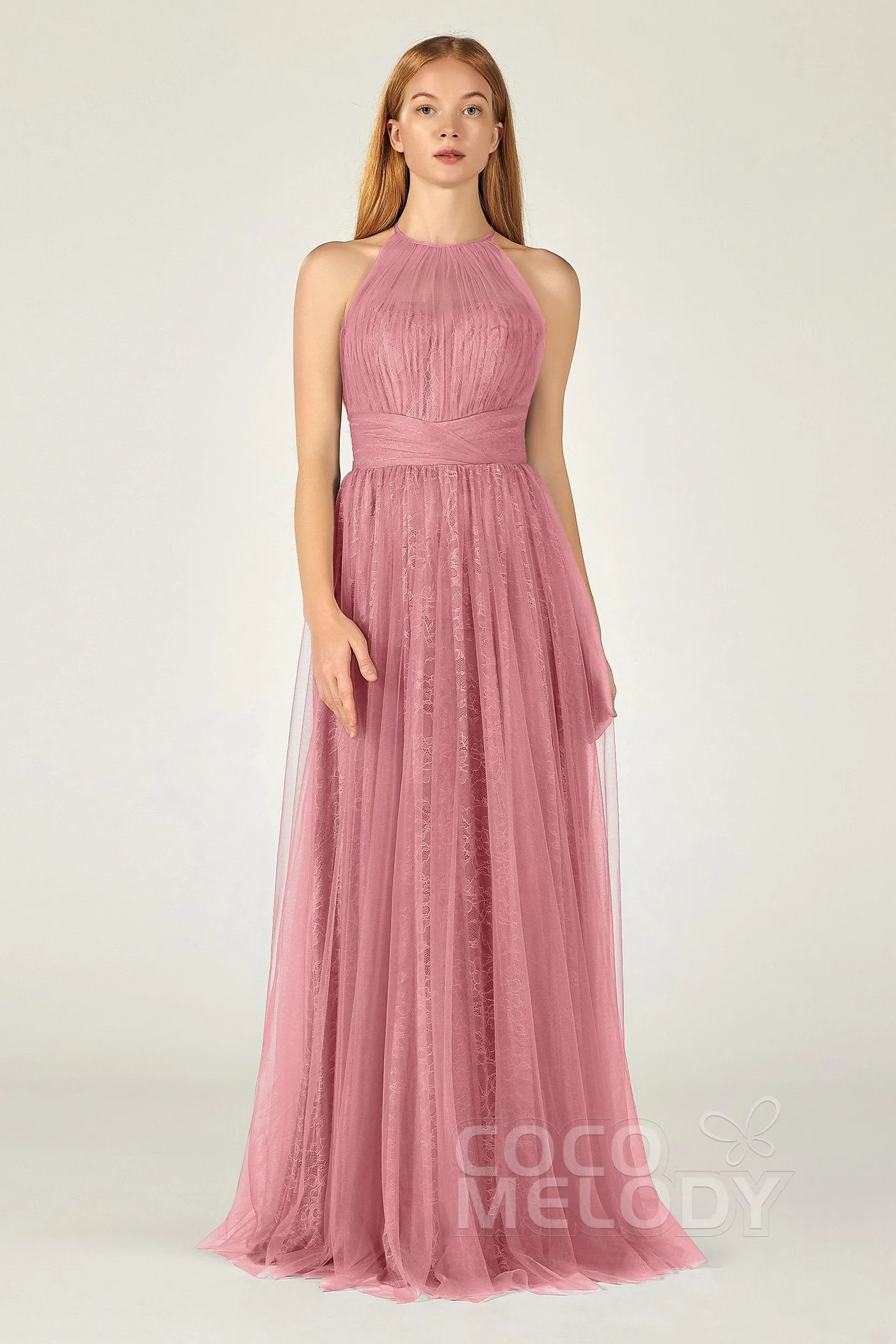 A-Line Floor Length Tulle Lace Bridesmaid Dress CB0377