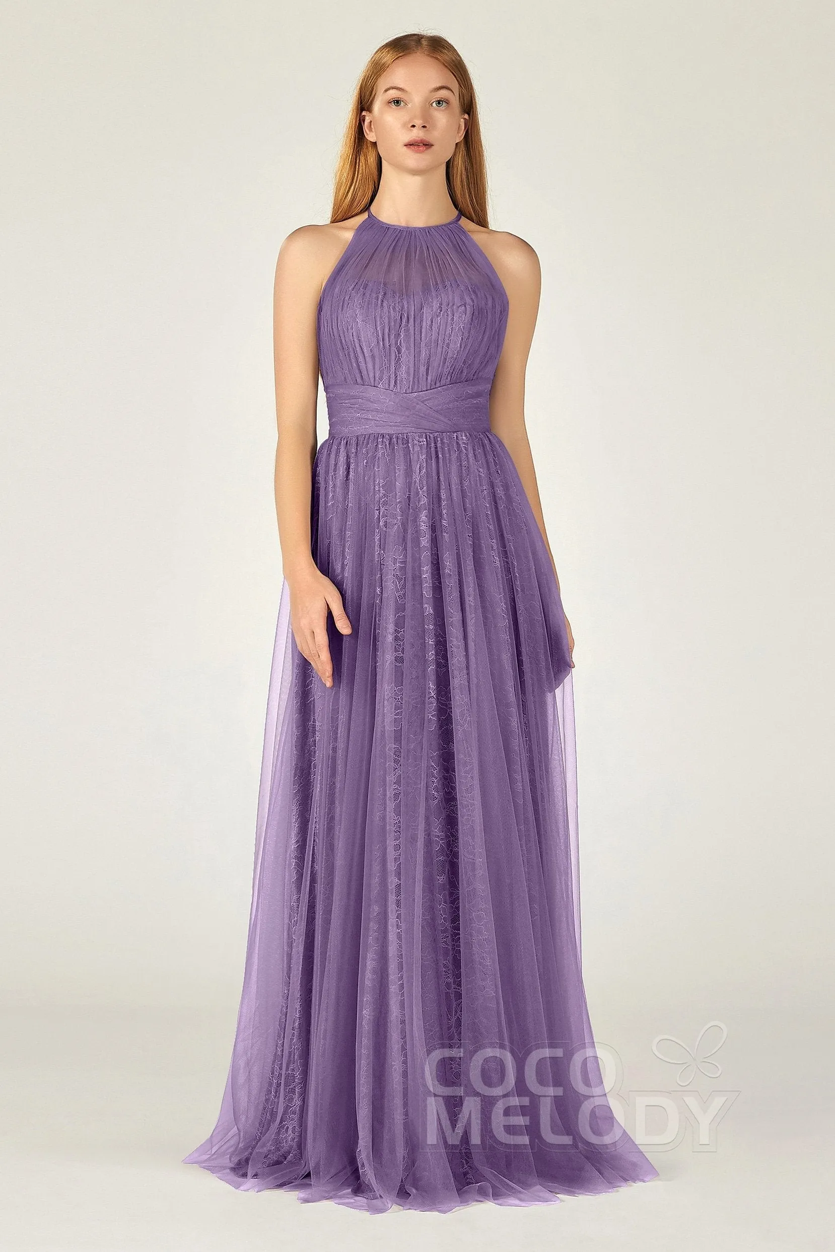 A-Line Floor Length Tulle Lace Bridesmaid Dress CB0377