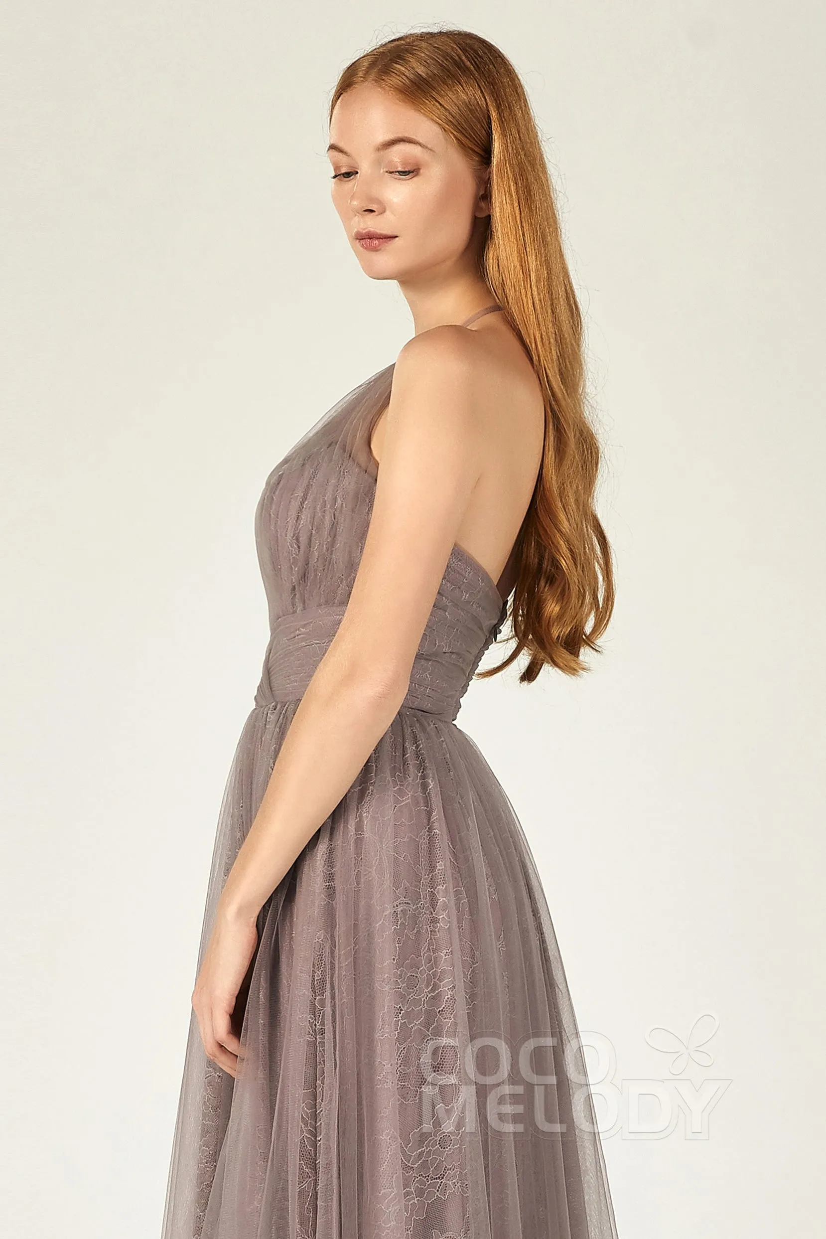 A-Line Floor Length Tulle Lace Bridesmaid Dress CB0377