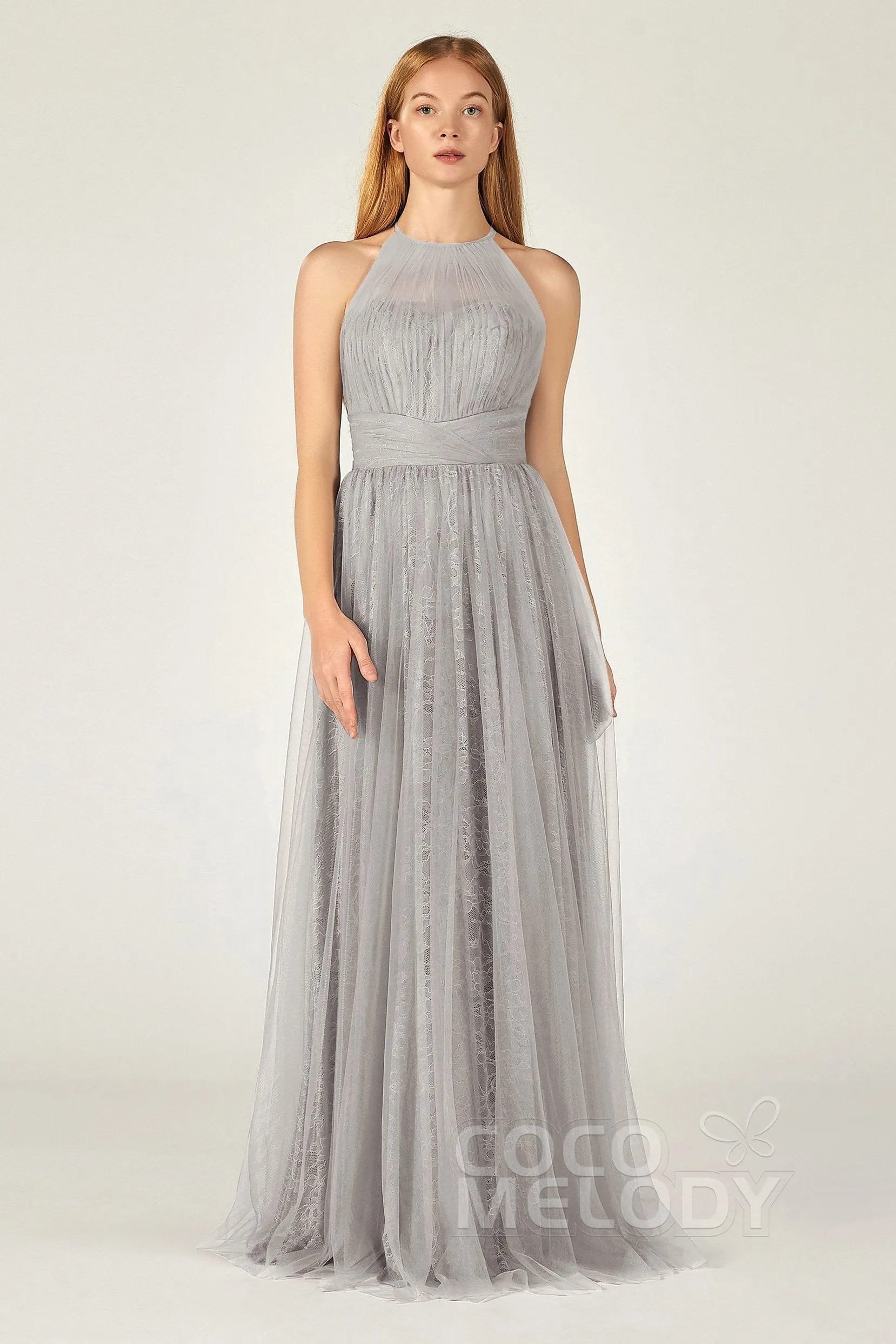 A-Line Floor Length Tulle Lace Bridesmaid Dress CB0377