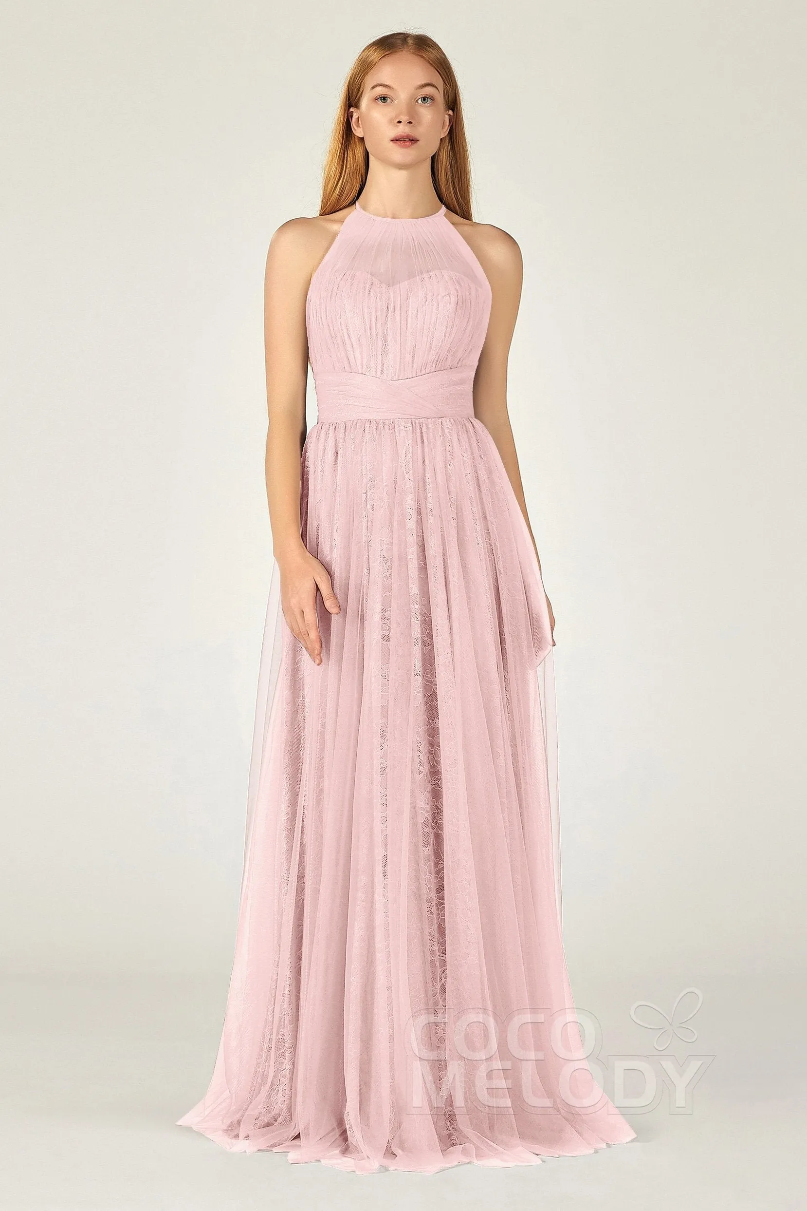 A-Line Floor Length Tulle Lace Bridesmaid Dress CB0377