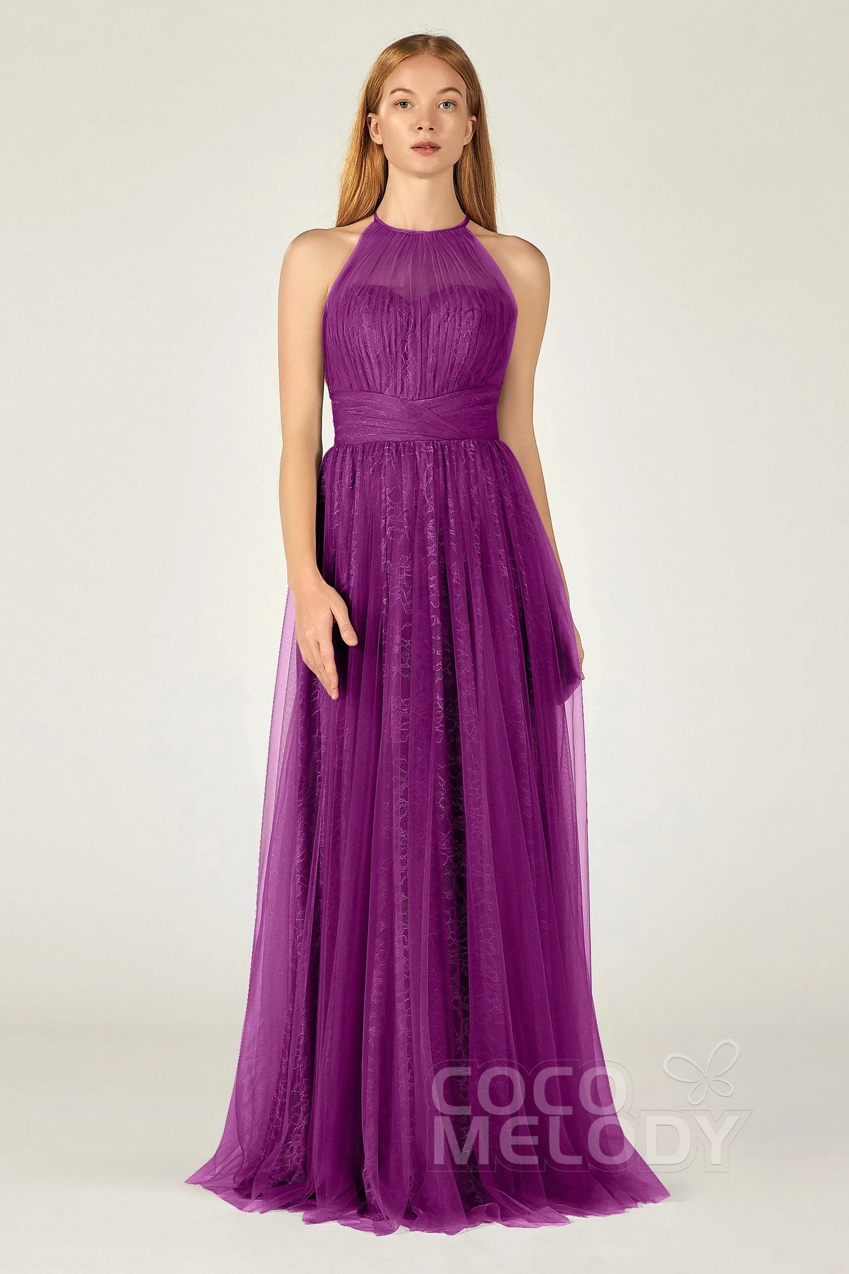 A-Line Floor Length Tulle Lace Bridesmaid Dress CB0377