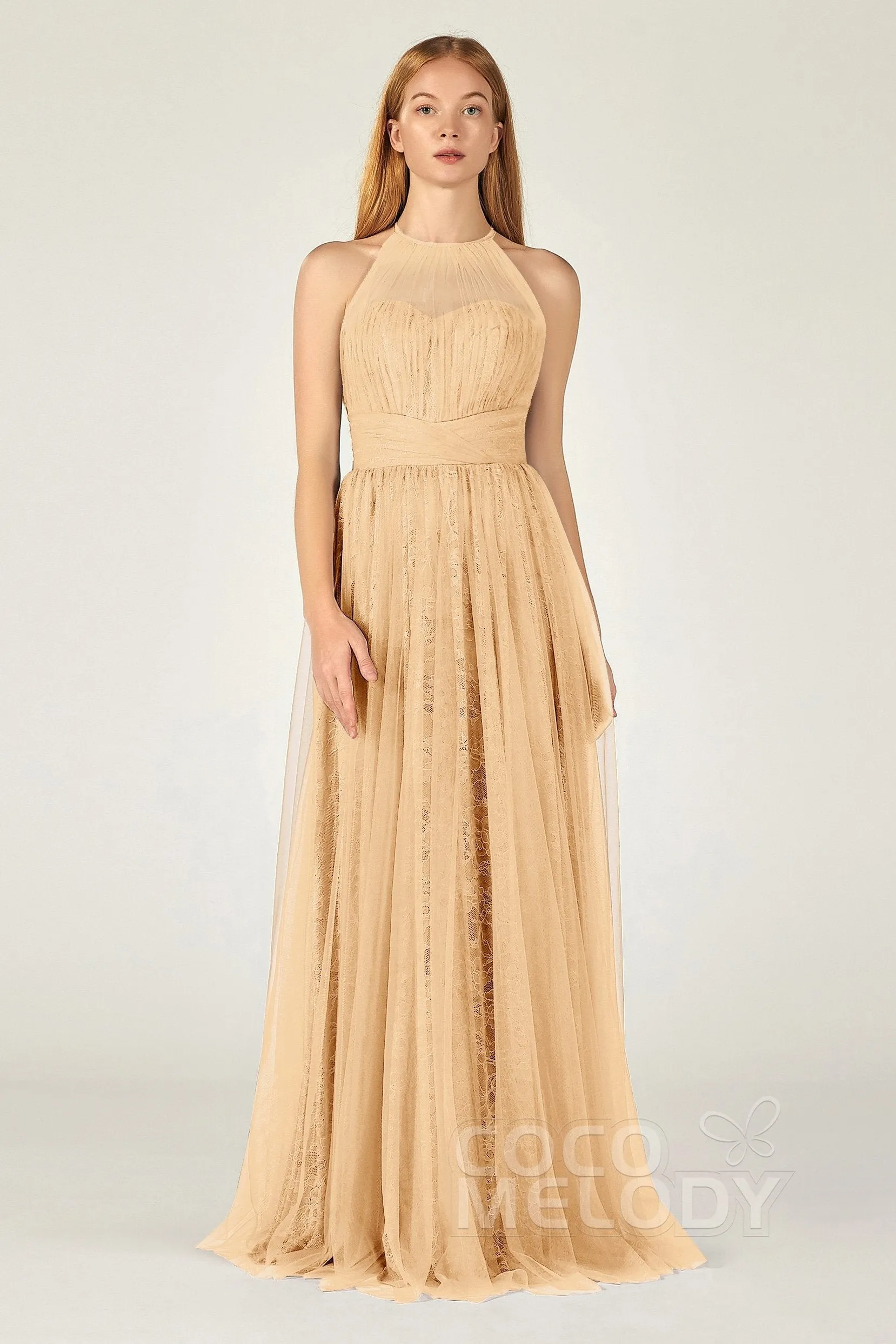 A-Line Floor Length Tulle Lace Bridesmaid Dress CB0377