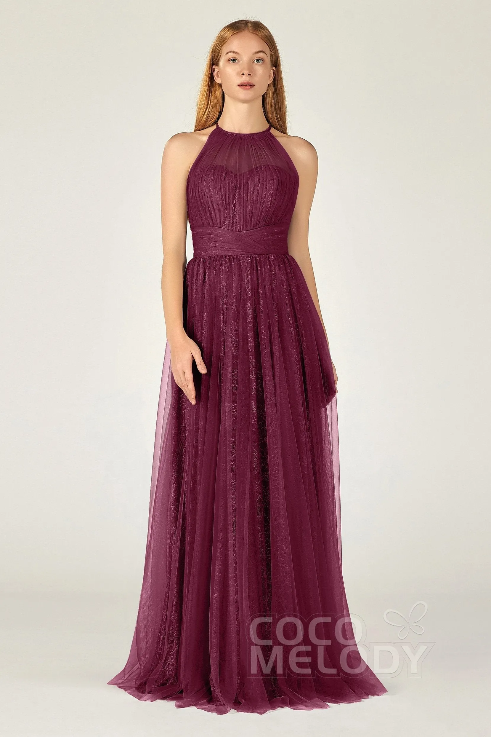 A-Line Floor Length Tulle Lace Bridesmaid Dress CB0377