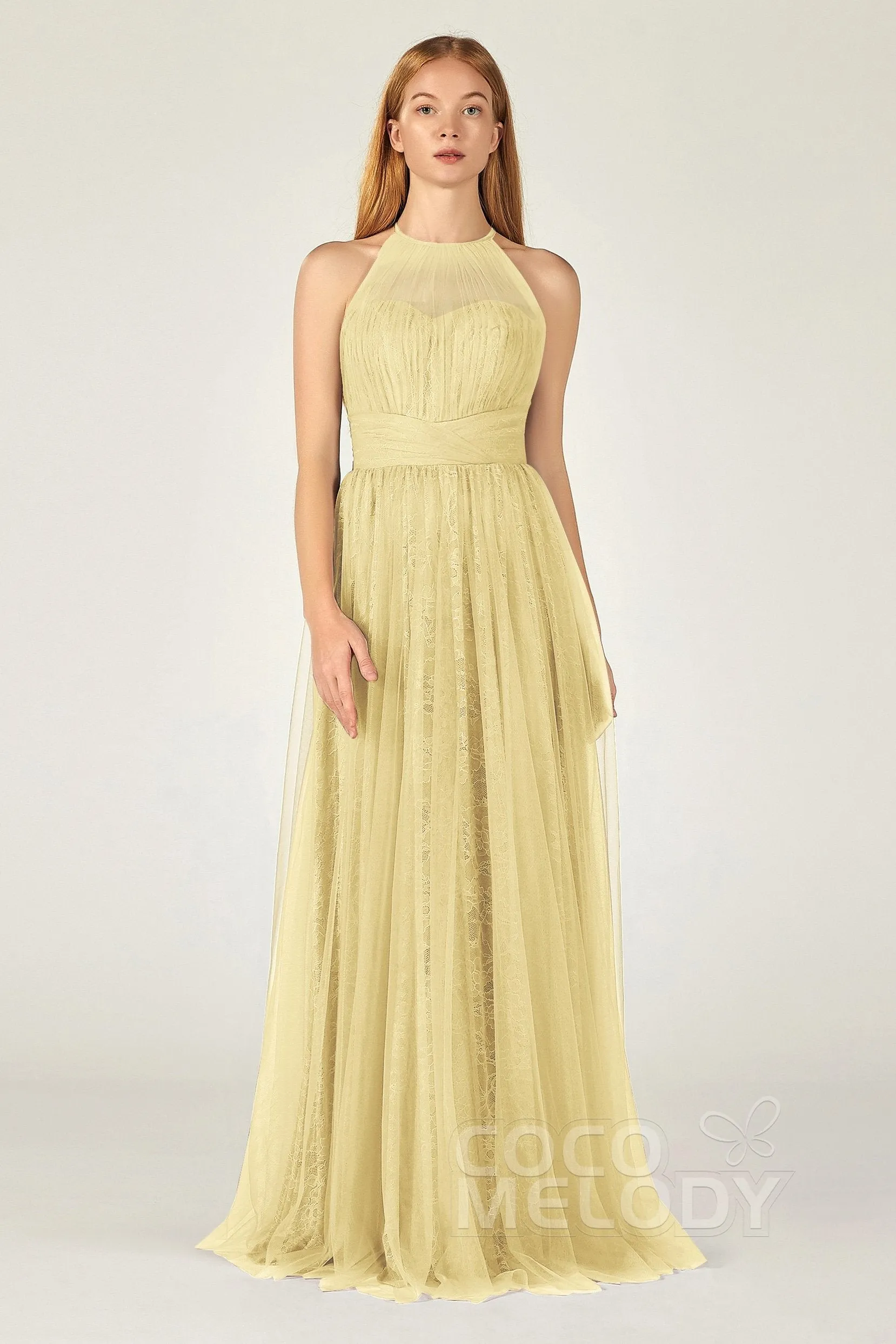 A-Line Floor Length Tulle Lace Bridesmaid Dress CB0377